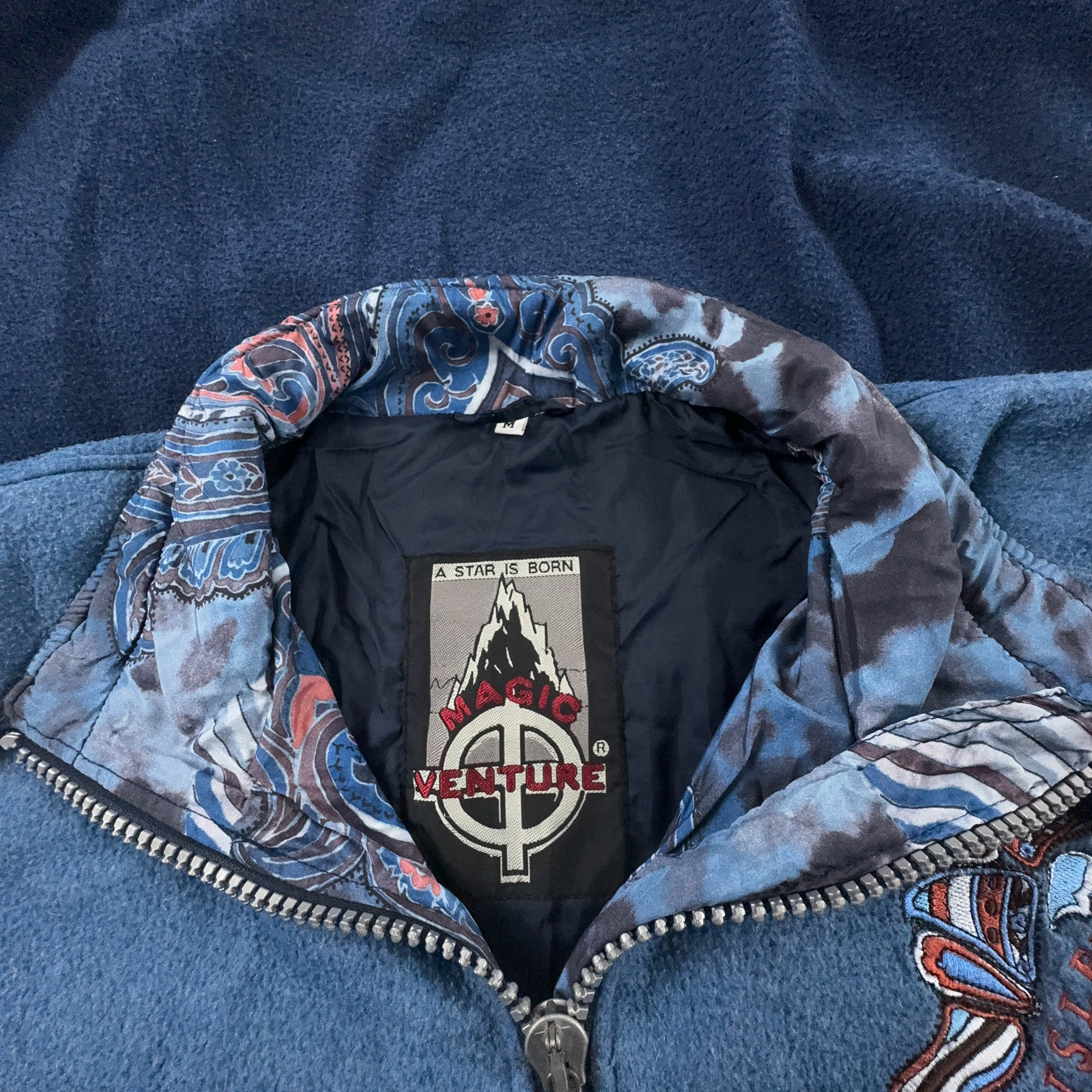 Pile Vintage blu e azzurro foderato con ricamo e zip anni 80 90 - Taglia XL uomo