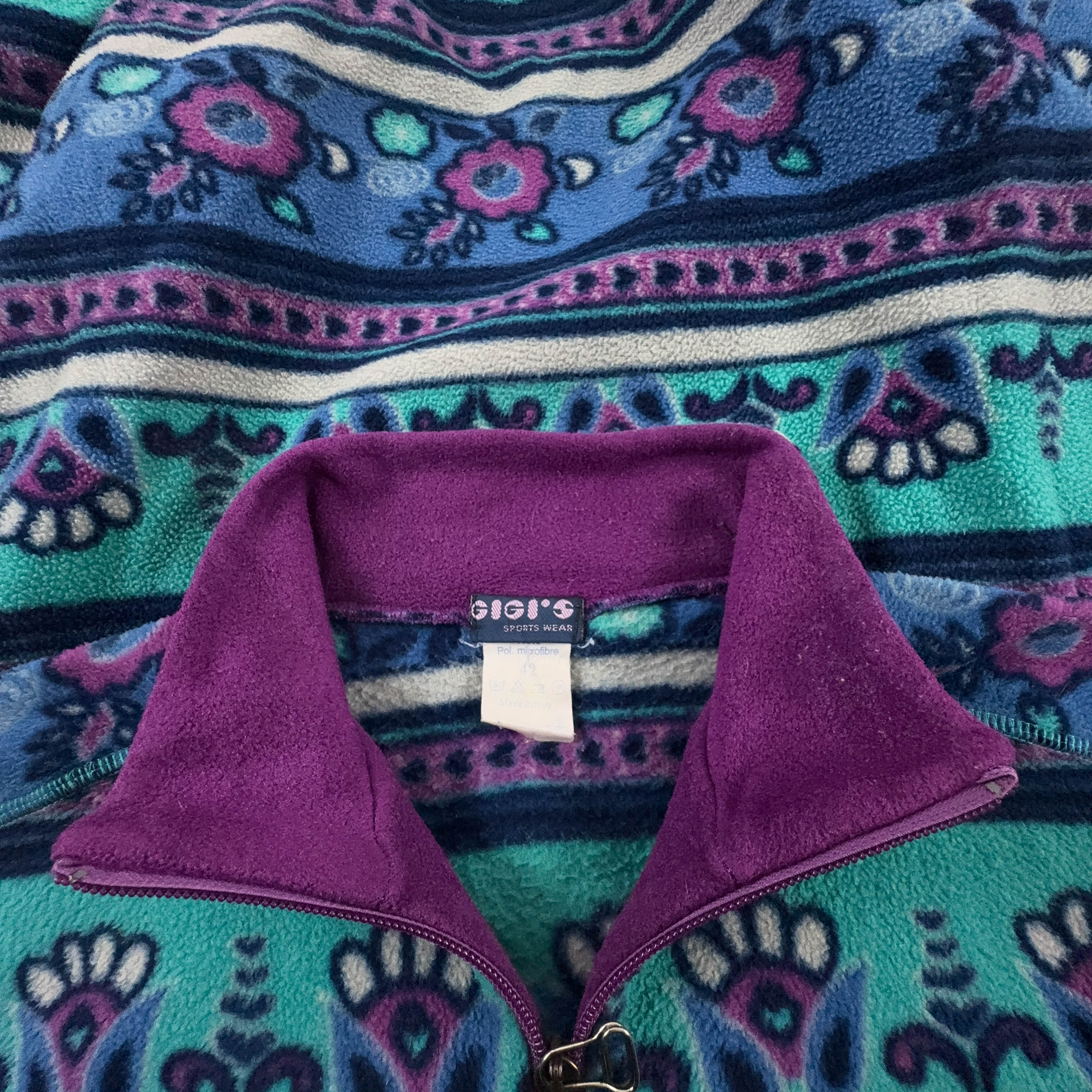 Pile Vintage viola verde e blu a fantasia astratta anni 80 90 - Taglia 42 uomo