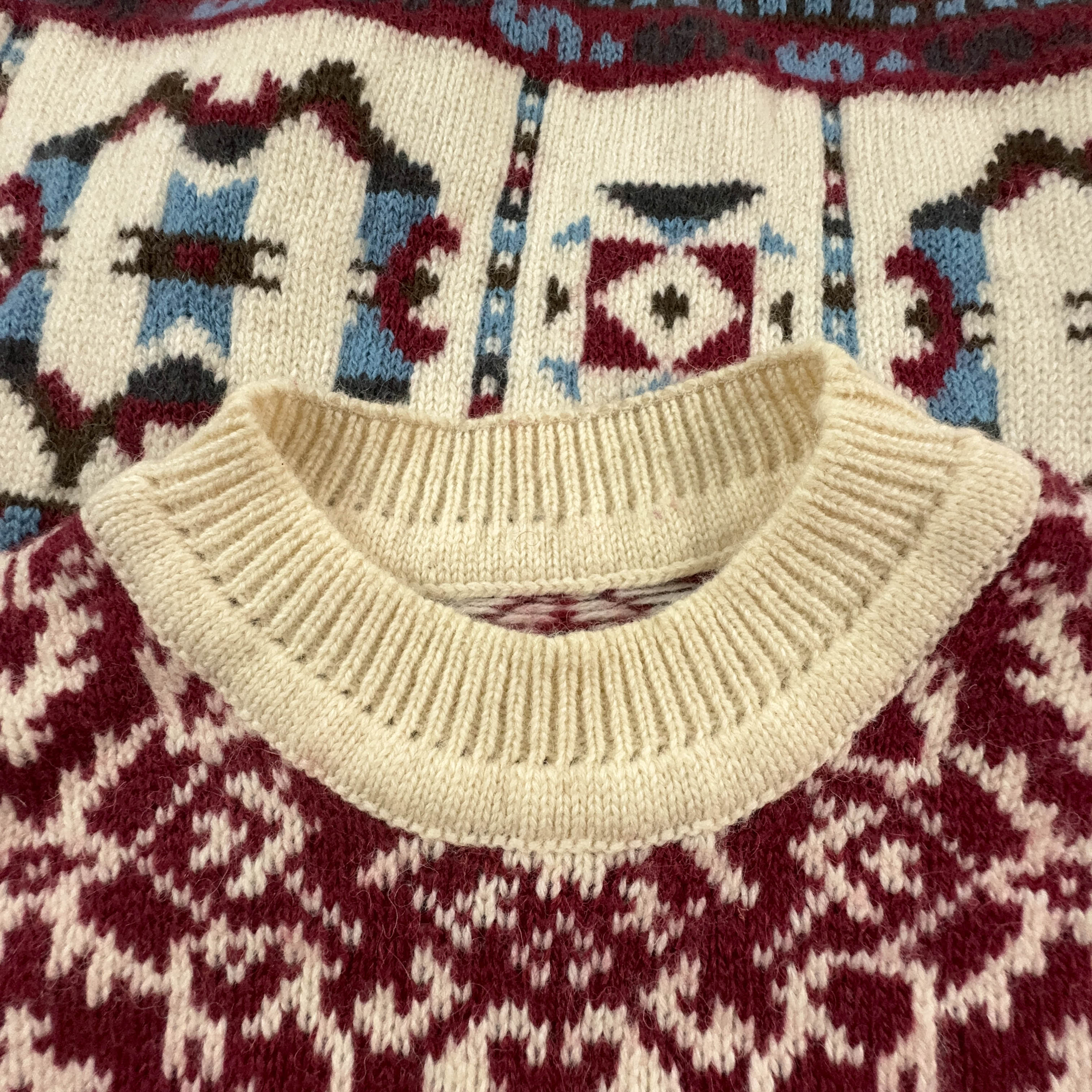 Maglione Vintage 88% lana a fantasia rossa e beige a girocollo - Taglia XL uomo