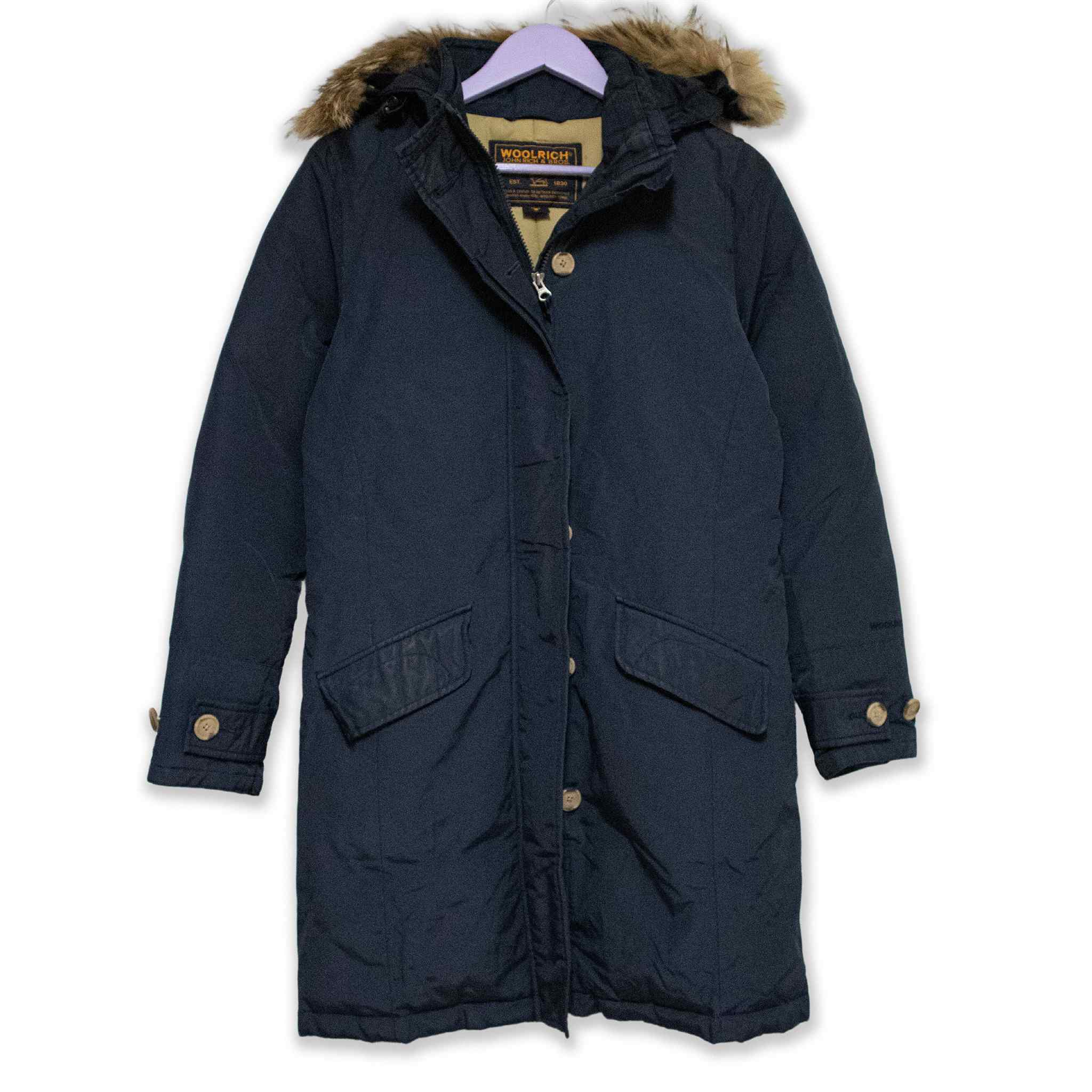 Giubbotto Woolrich blu scuro lungo con zip bottoni e cappuccio - Taglia S donna