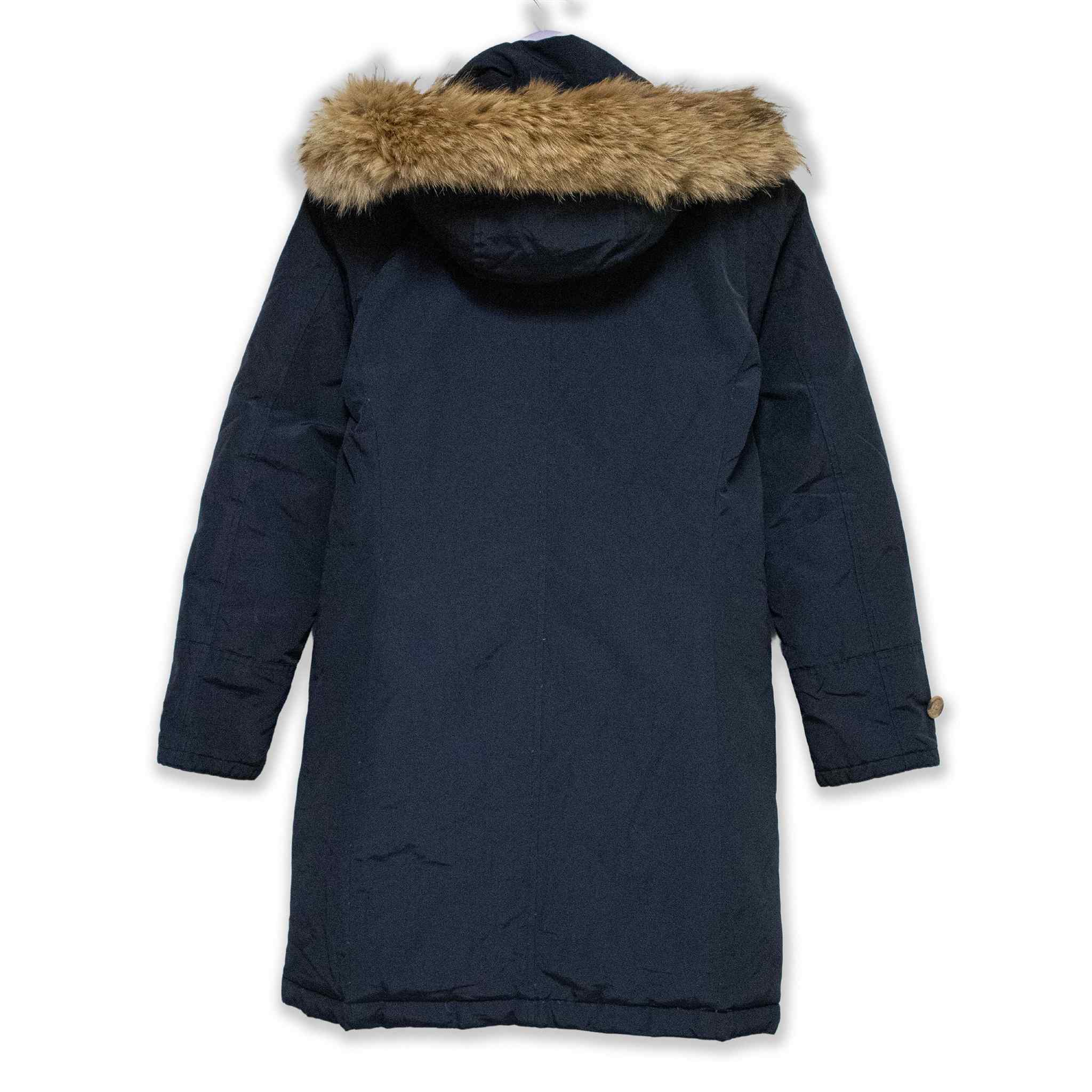Giubbotto Woolrich blu scuro lungo con zip bottoni e cappuccio - Taglia S donna