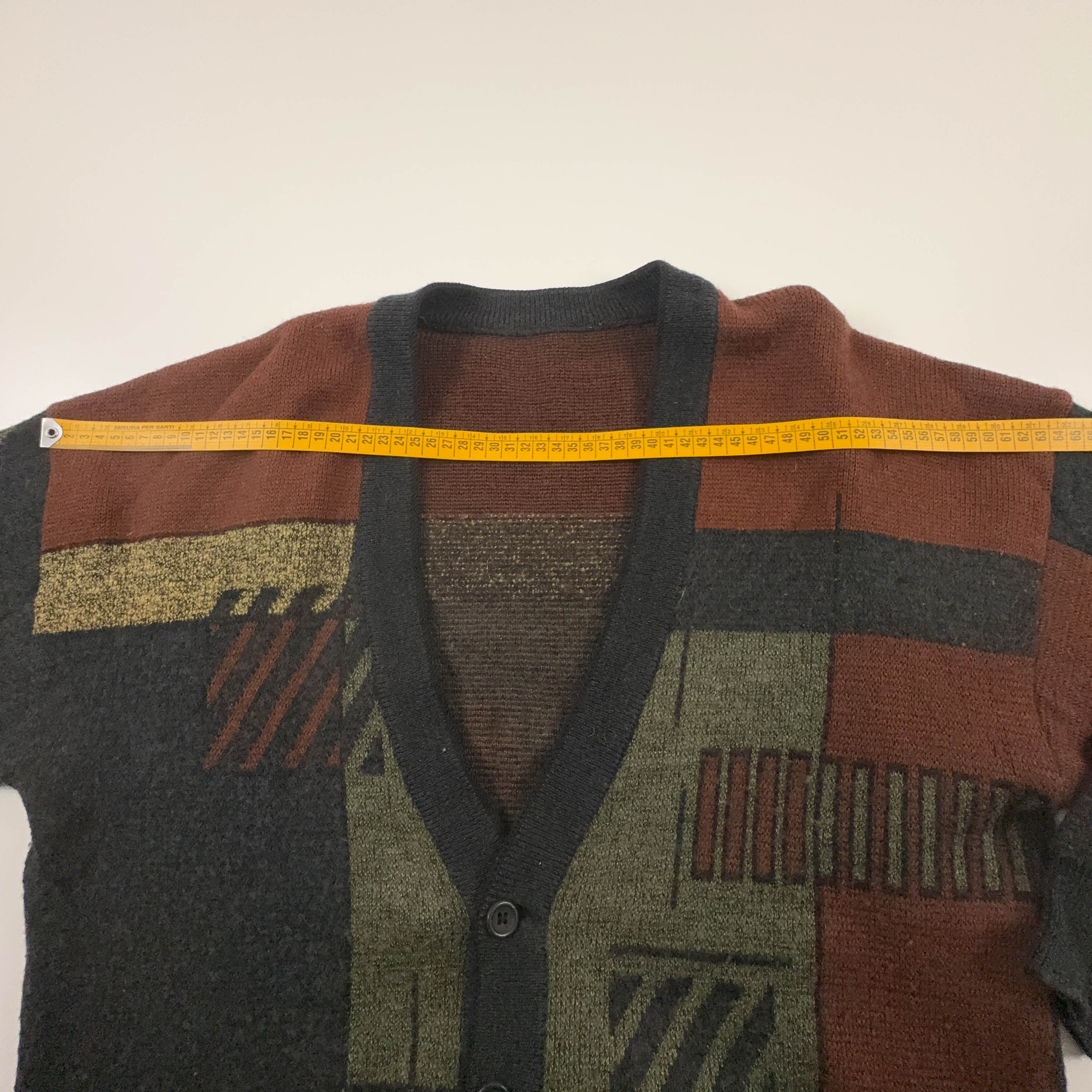 Cardigan Vintage marrone e grigio geometrico 50% lana anni 80 90 - Taglia M/L uomo