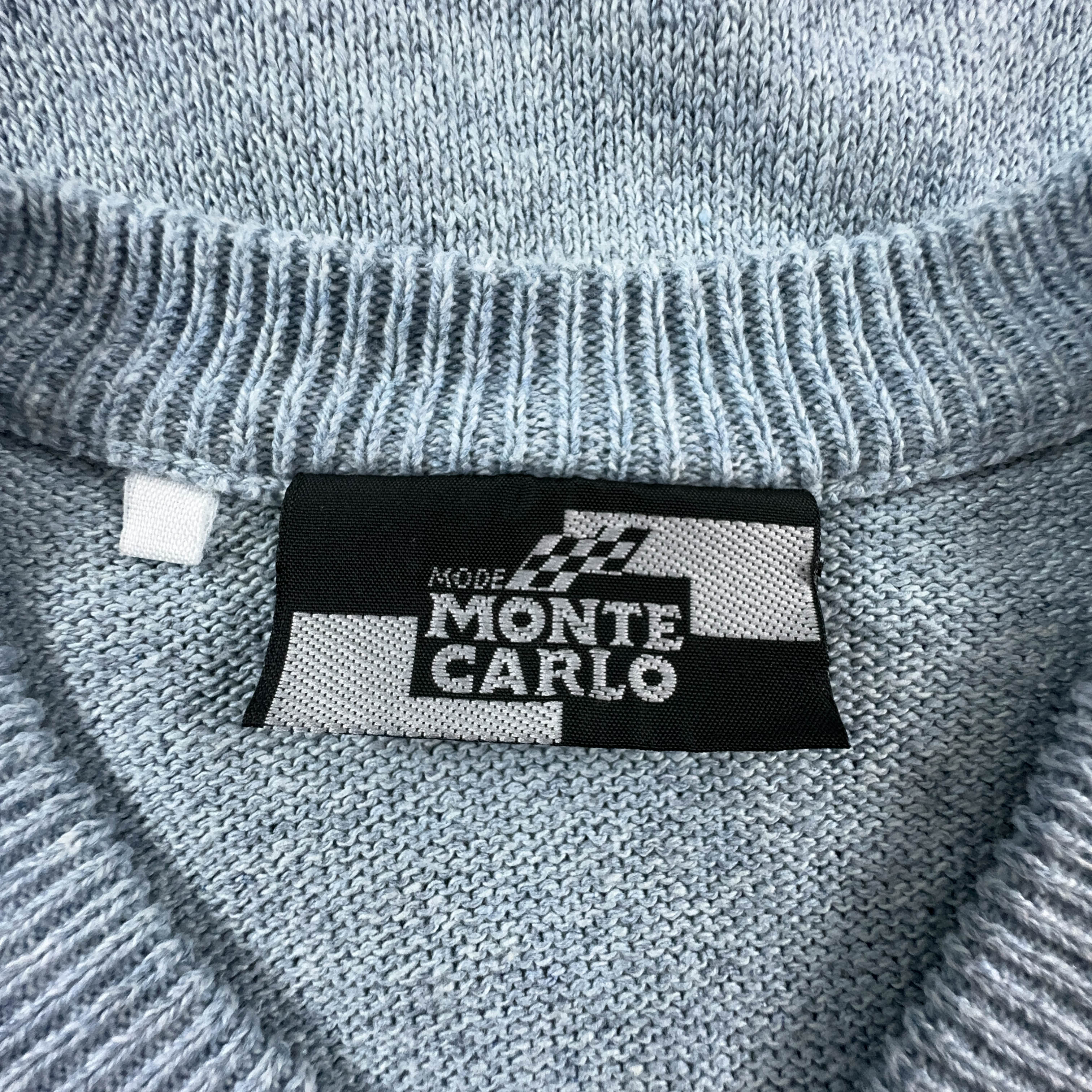 Maglione Vintage azzurro a fantasia con scollo a V in cotone - Taglia S/M uomo