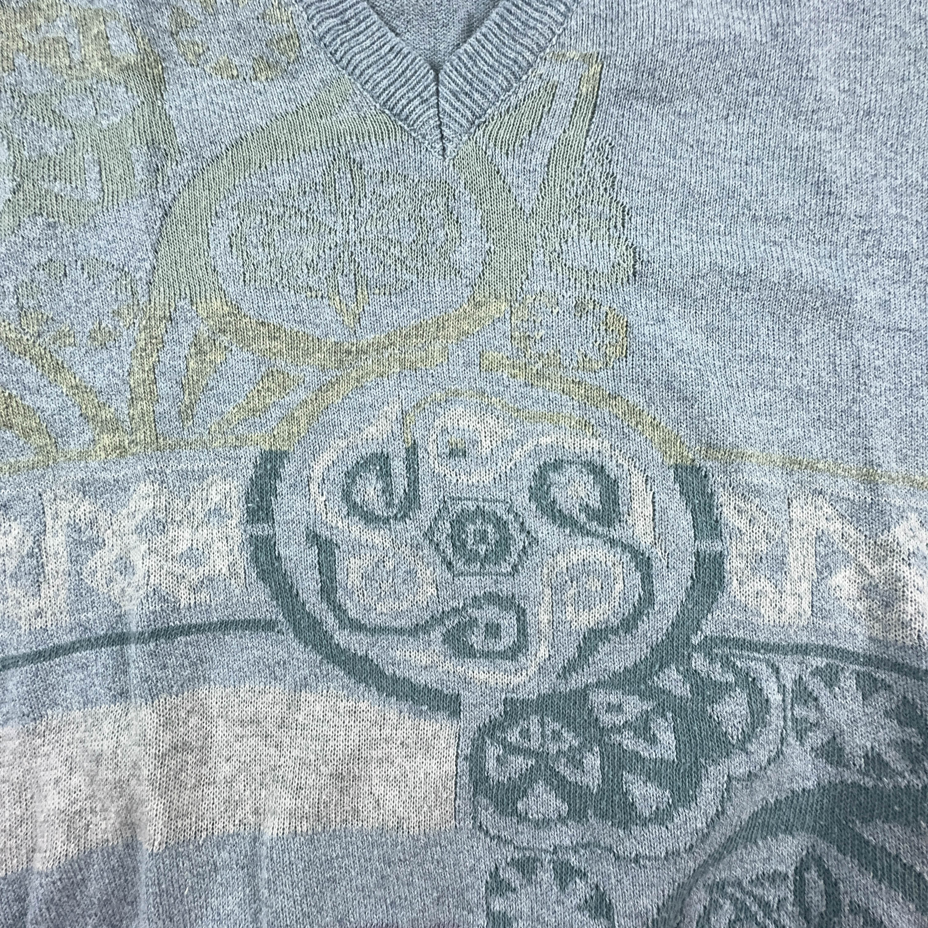 Maglione Vintage azzurro a fantasia con scollo a V in cotone - Taglia S/M uomo