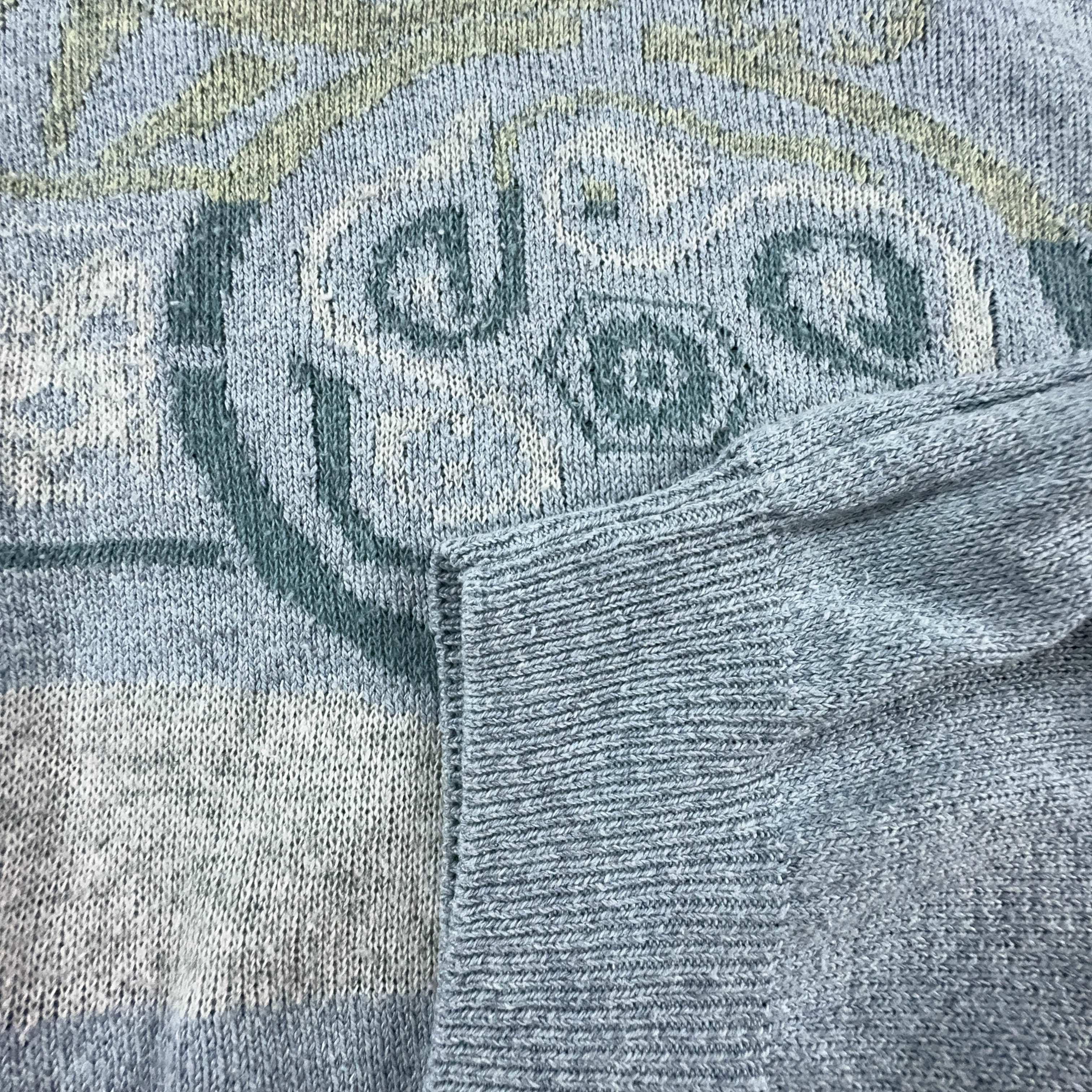 Maglione Vintage azzurro a fantasia con scollo a V in cotone - Taglia S/M uomo