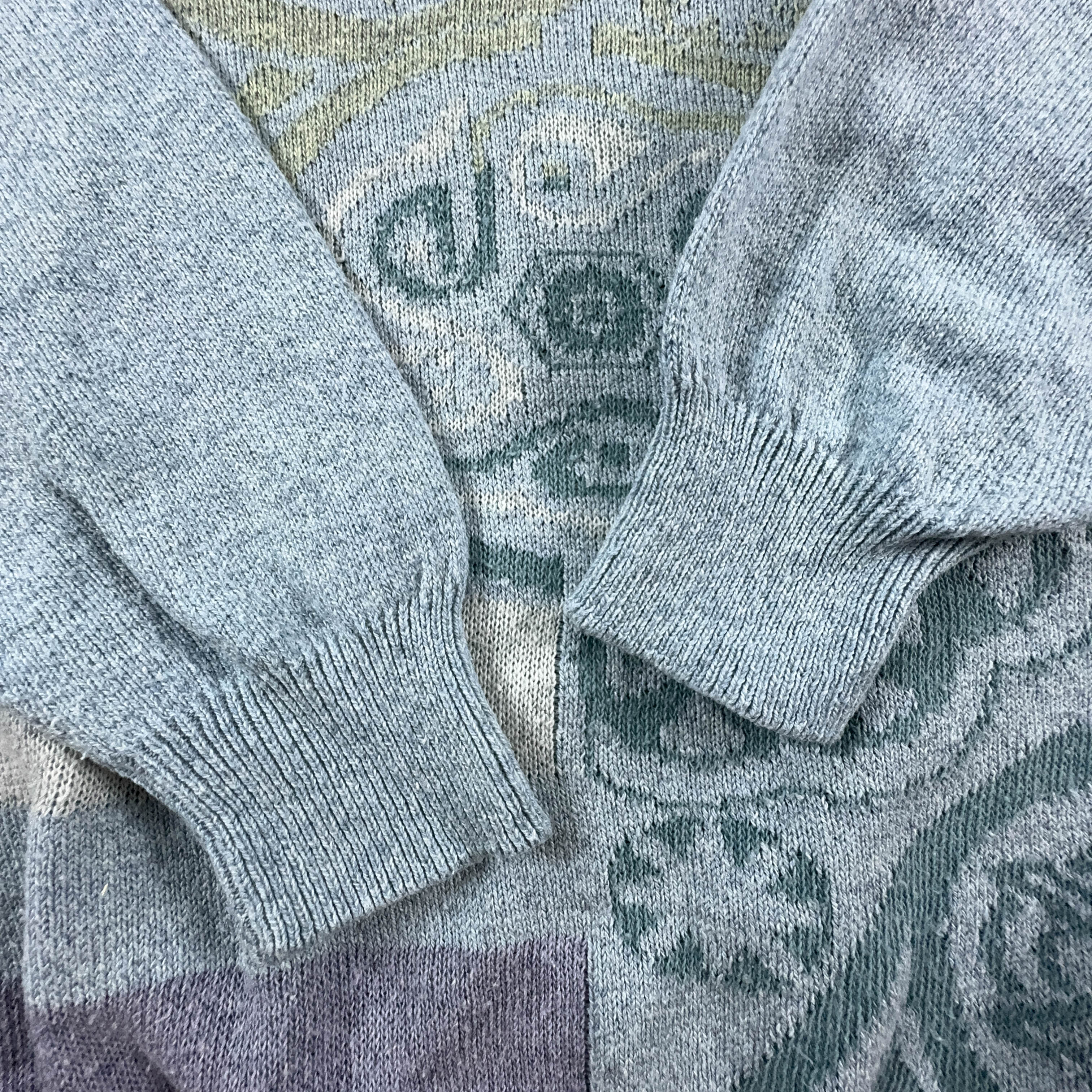 Maglione Vintage azzurro a fantasia con scollo a V in cotone - Taglia S/M uomo