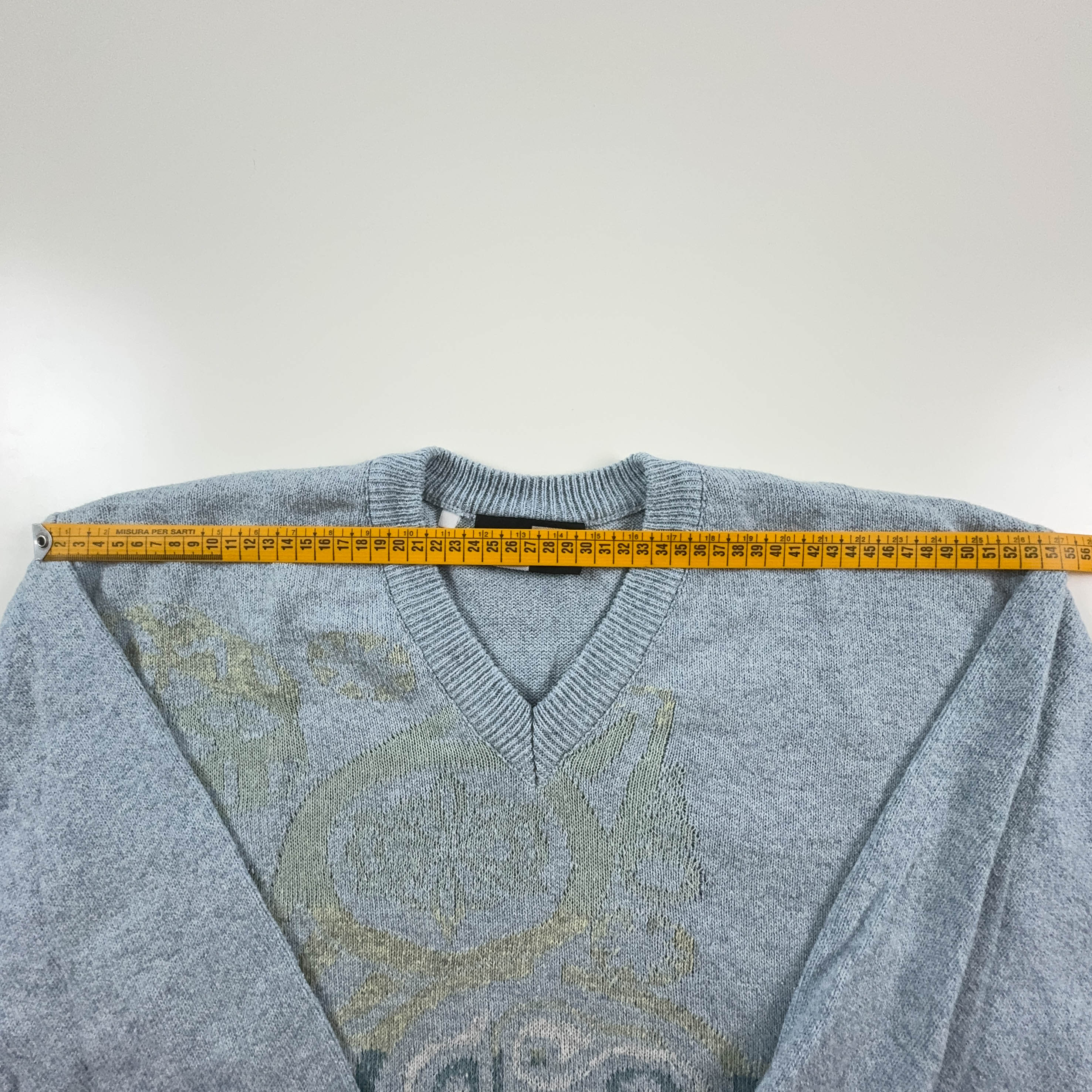 Maglione Vintage azzurro a fantasia con scollo a V in cotone - Taglia S/M uomo