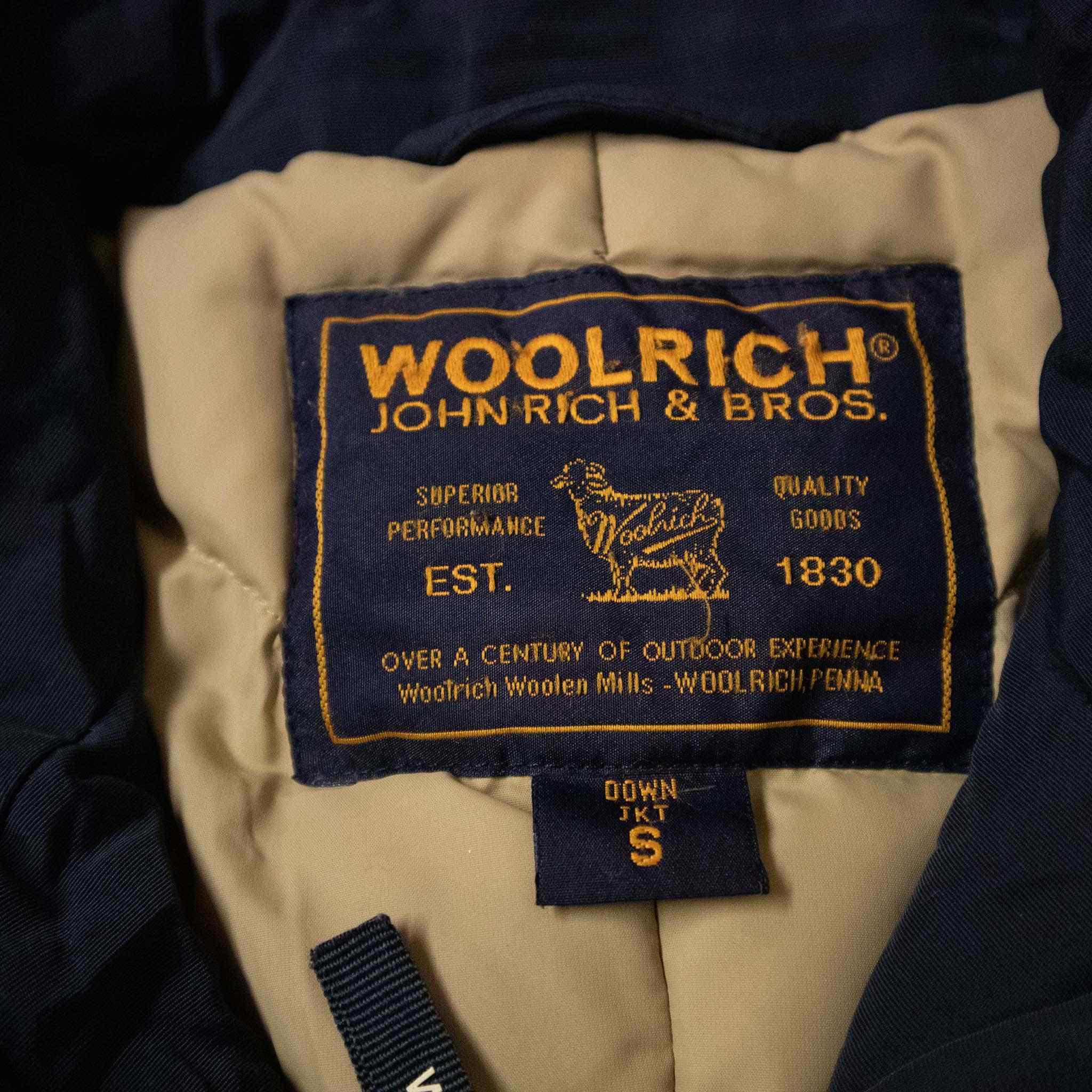 Giubbotto Woolrich blu scuro lungo con zip bottoni e cappuccio - Taglia S donna