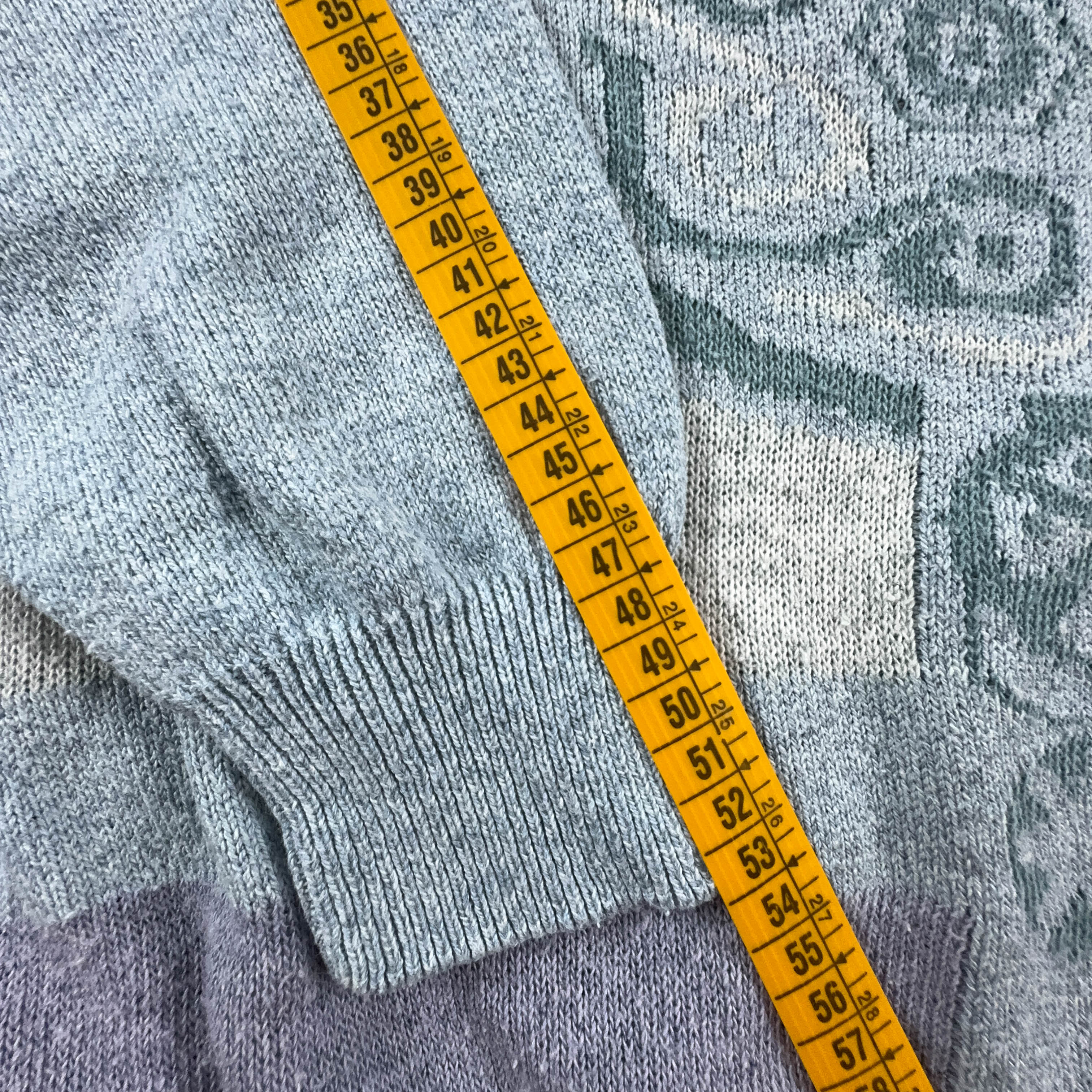 Maglione Vintage azzurro a fantasia con scollo a V in cotone - Taglia S/M uomo