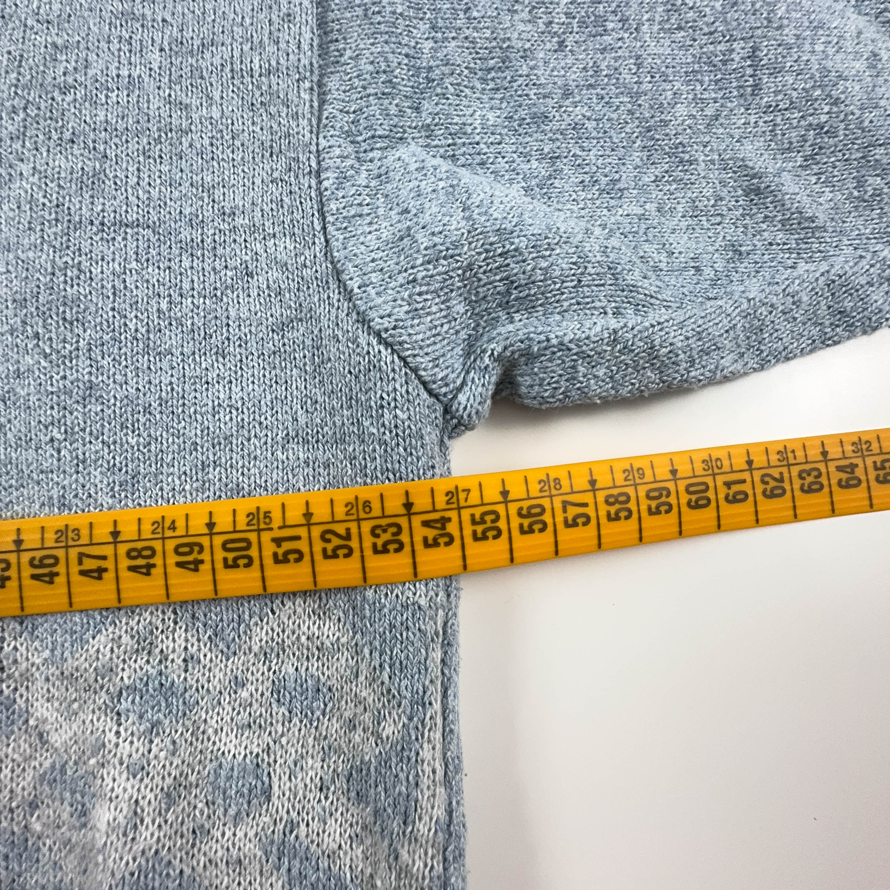 Maglione Vintage azzurro a fantasia con scollo a V in cotone - Taglia S/M uomo