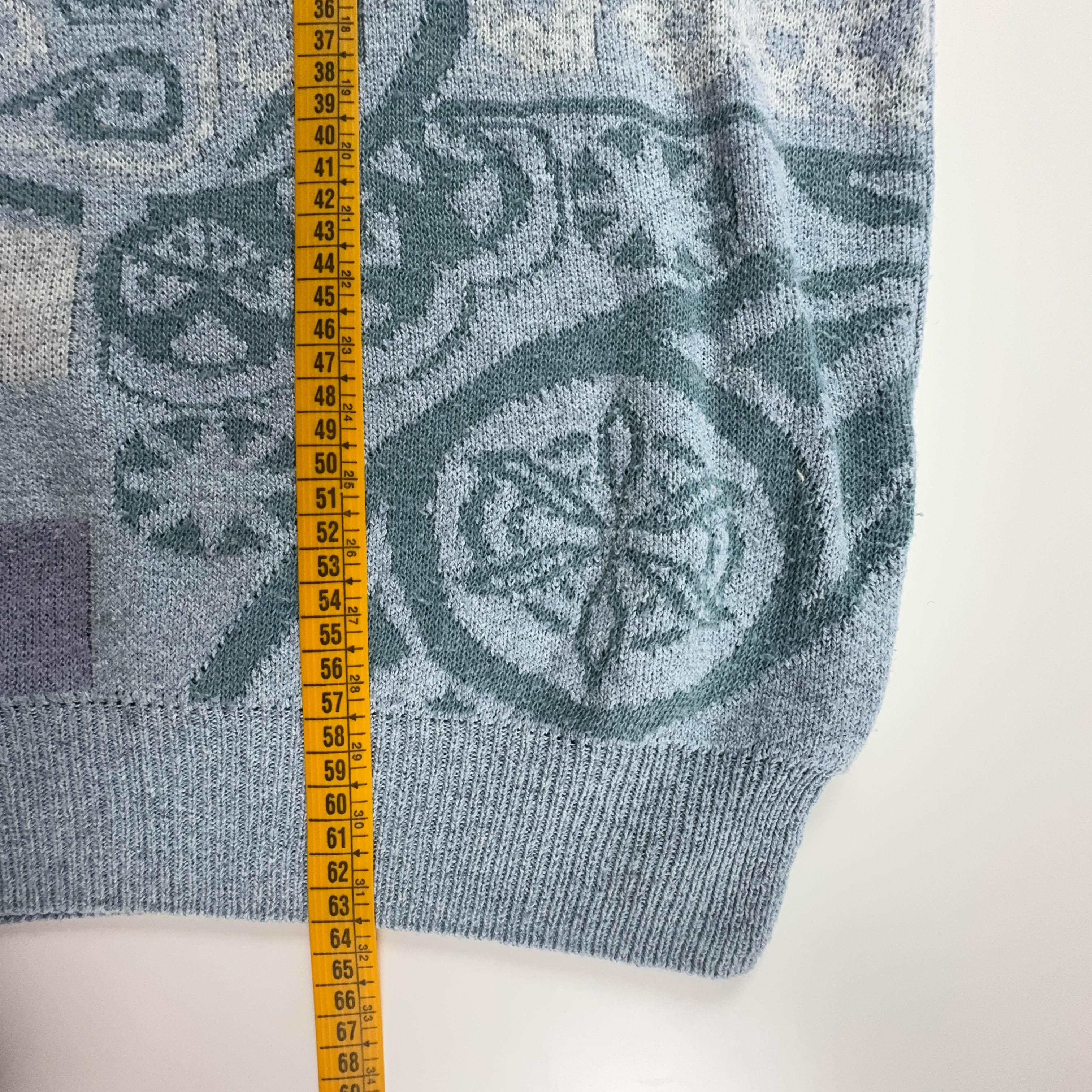 Maglione Vintage azzurro a fantasia con scollo a V in cotone - Taglia S/M uomo