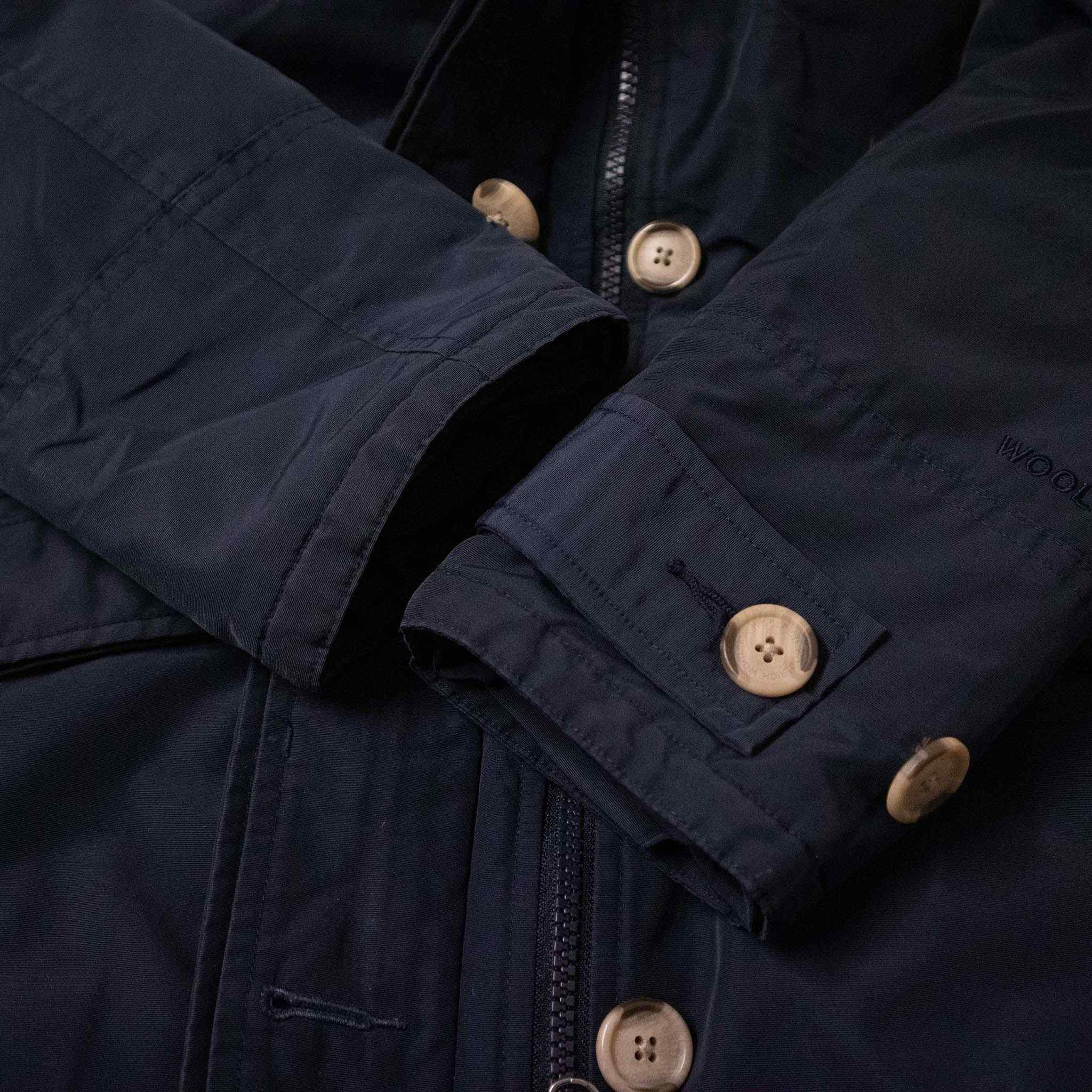 Giubbotto Woolrich blu scuro lungo con zip bottoni e cappuccio - Taglia S donna