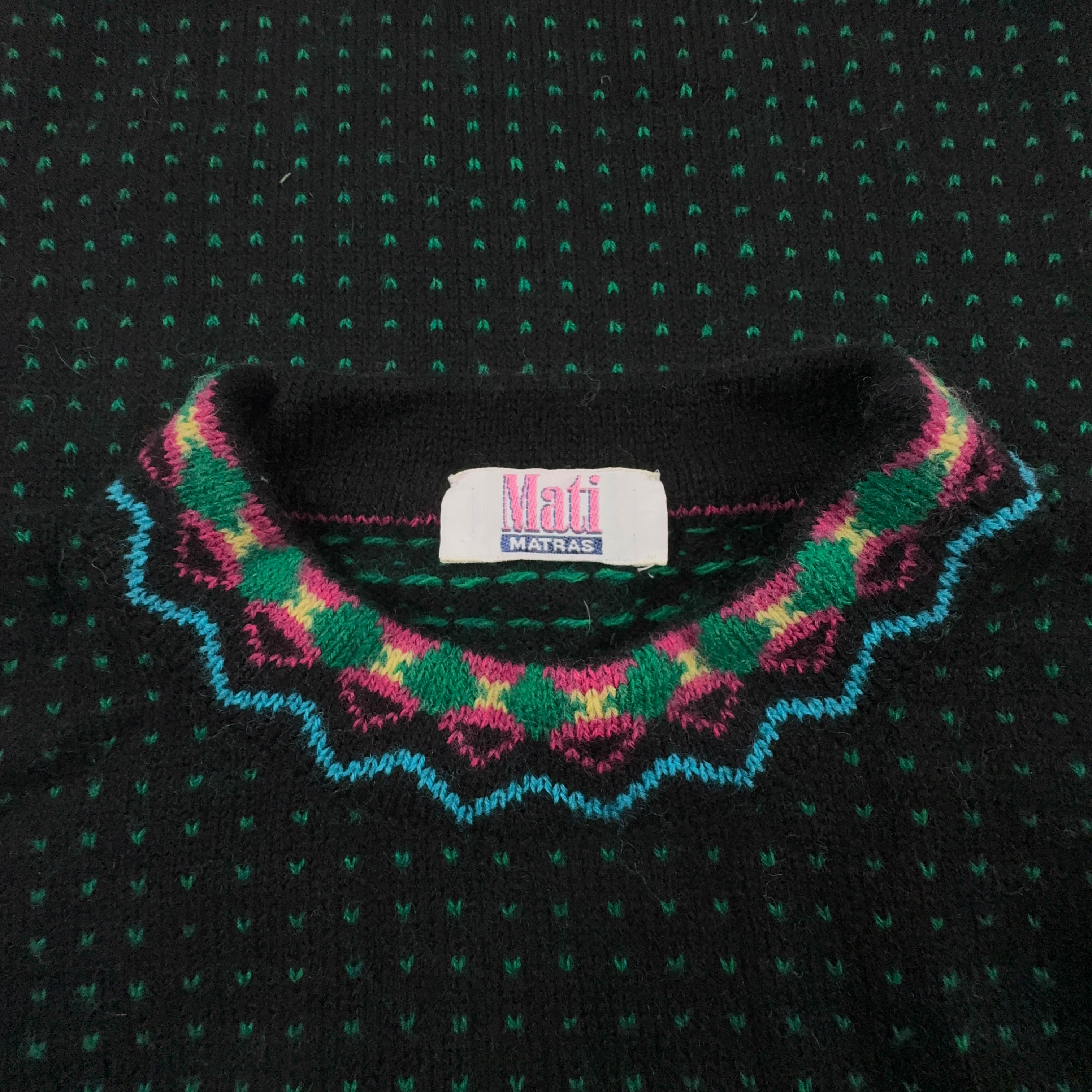 Maglione Vintage nero a pois verdi astratto 50% lana anni 80 90 - Taglia M/L uomo