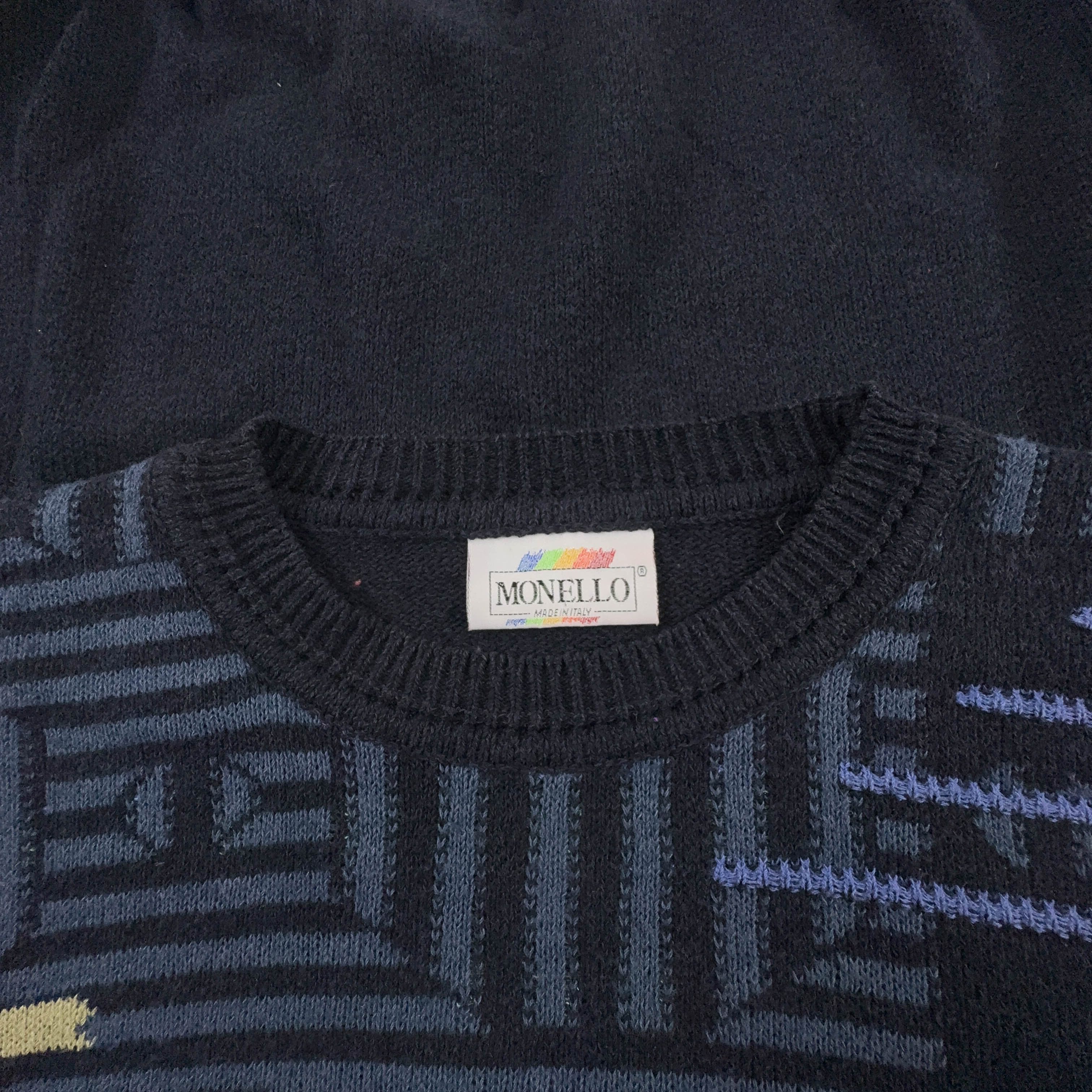 Maglione Vintage blu scuro astratto geometrico anni 80 90 - Taglia 54 uomo