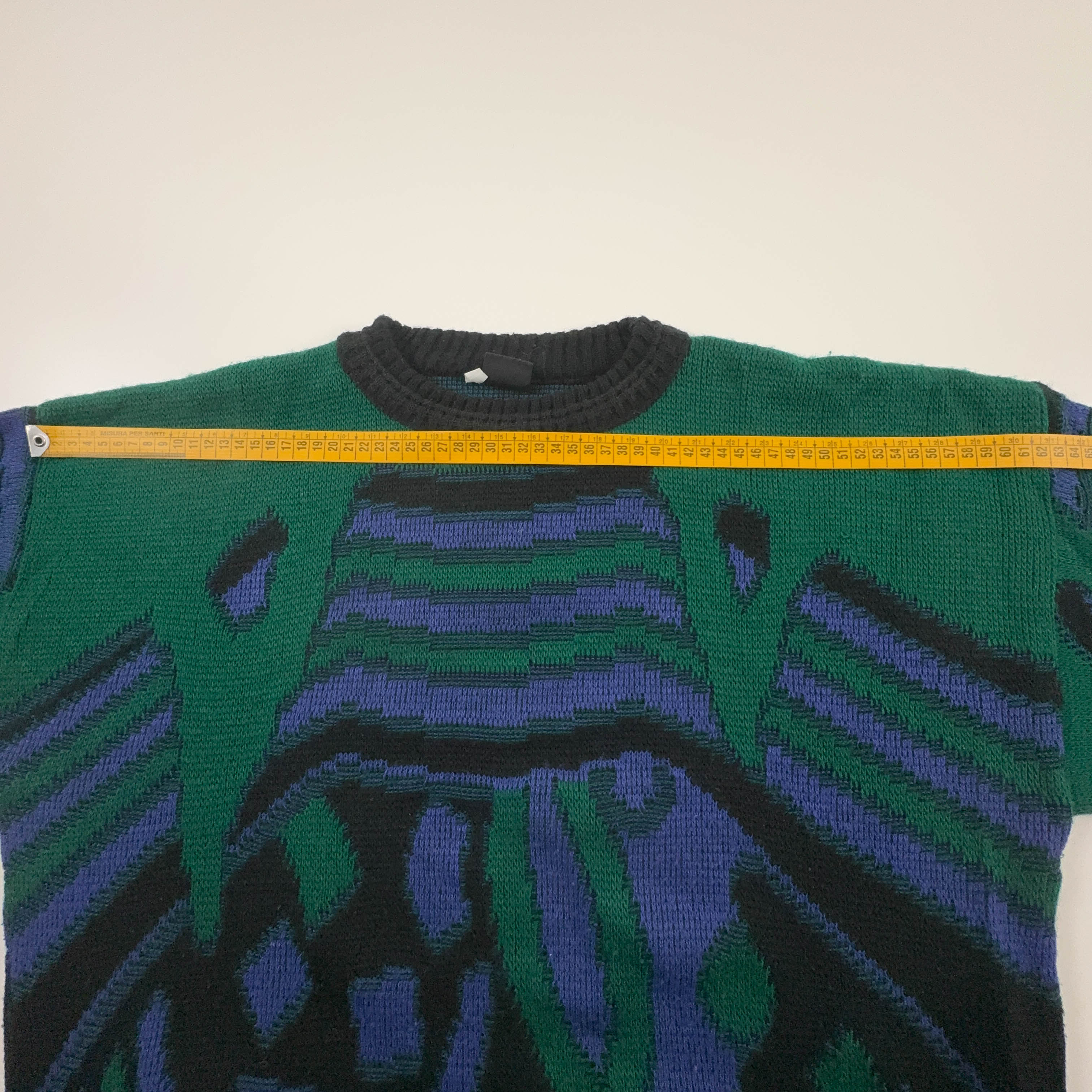 Maglione Vintage verde e viola astratto 30% lana anni 80 90 - Taglia L uomo