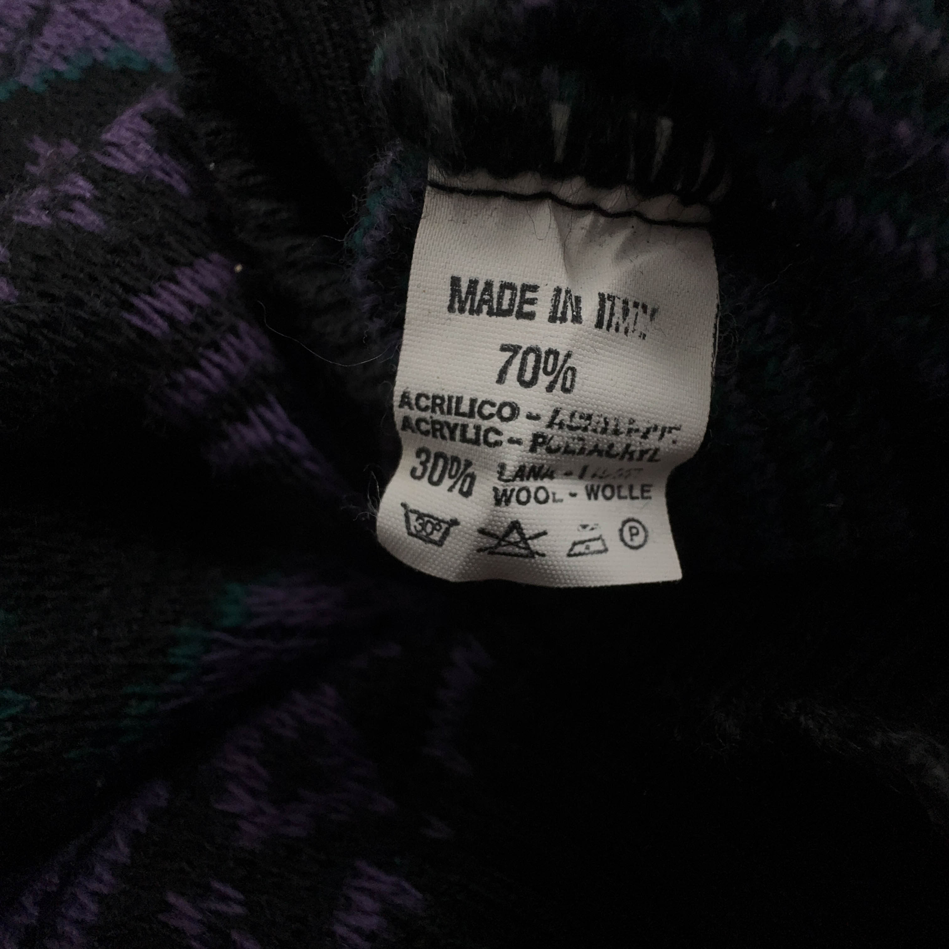 Maglione Vintage nero e viola astratto 30% lana anni 80 90 - Taglia 54 uomo