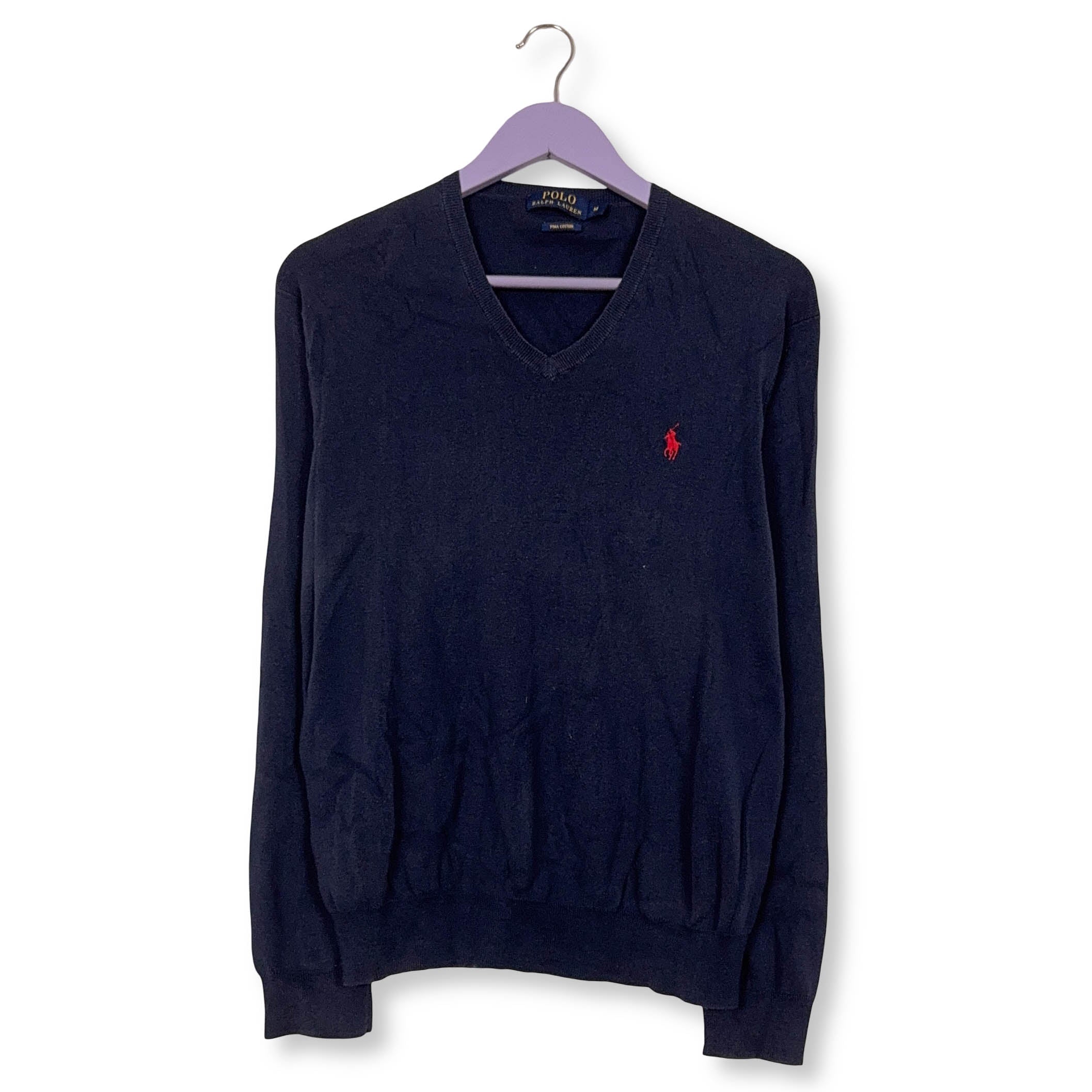 Maglione leggero Ralph Lauren blu scuro scollo a V 100% cotone - Taglia M uomo