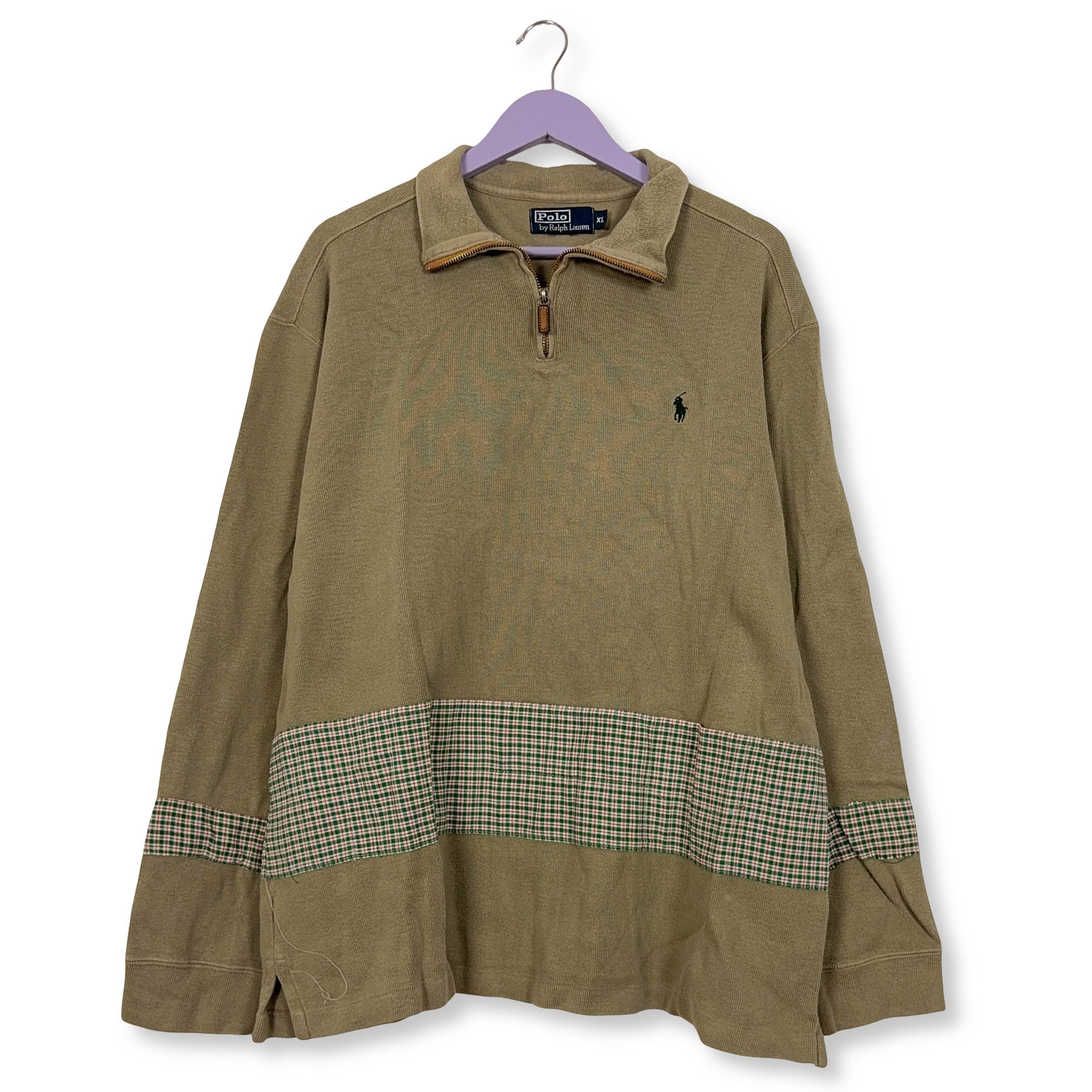 Maglione Ralph Lauren quarter zip beige con inserto a quadretti - Taglia XL uomo