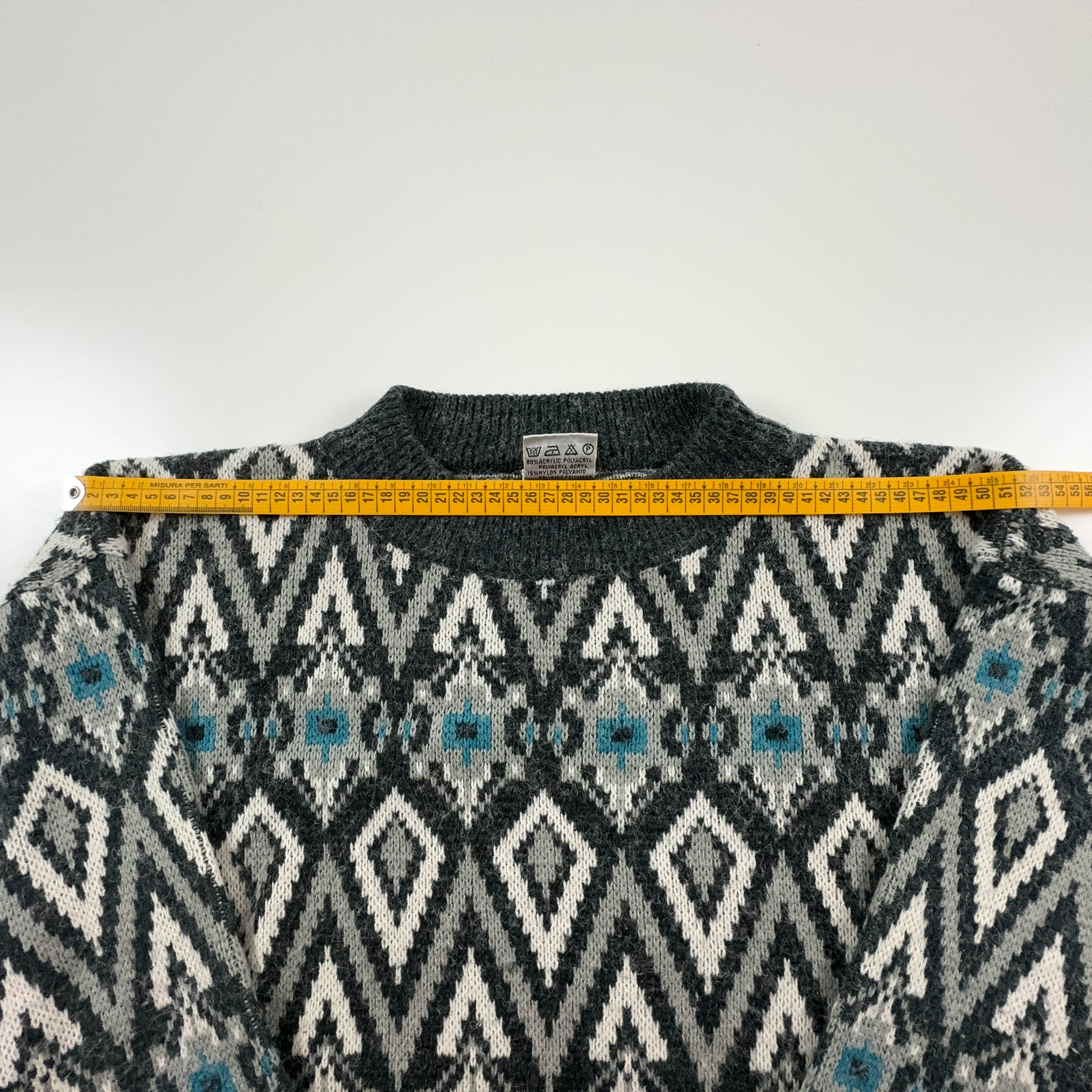 Maglione Vintage grigio e bianco a girocollo a fantasia geometrica - Taglia L/XL uomo