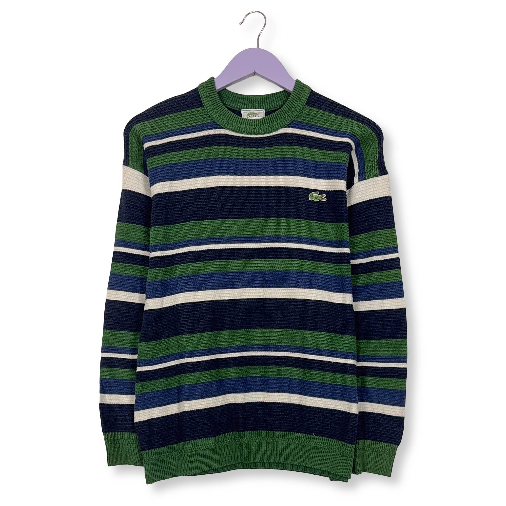 Maglione Lacoste verde blu e bianco a righe a girocollo in cotone - Taglia 5 uomo
