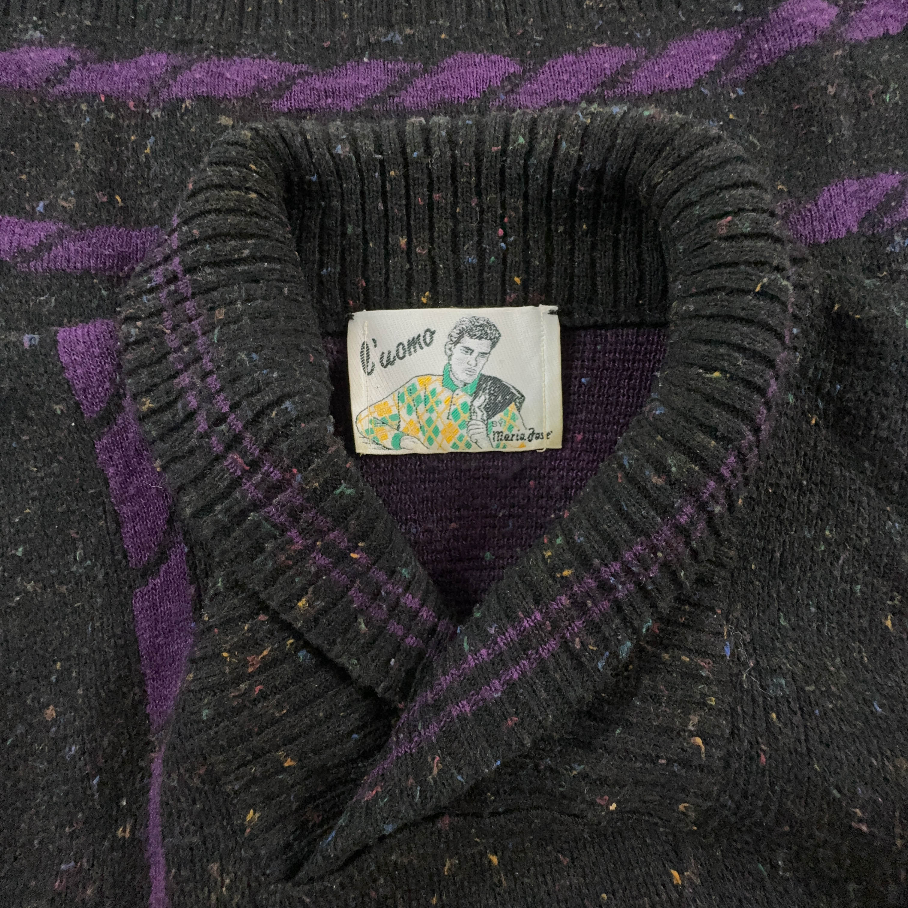 Maglione Vintage grigio scuro e viola a collo alto con bottoni e ricamo - Taglia L/XL uomo