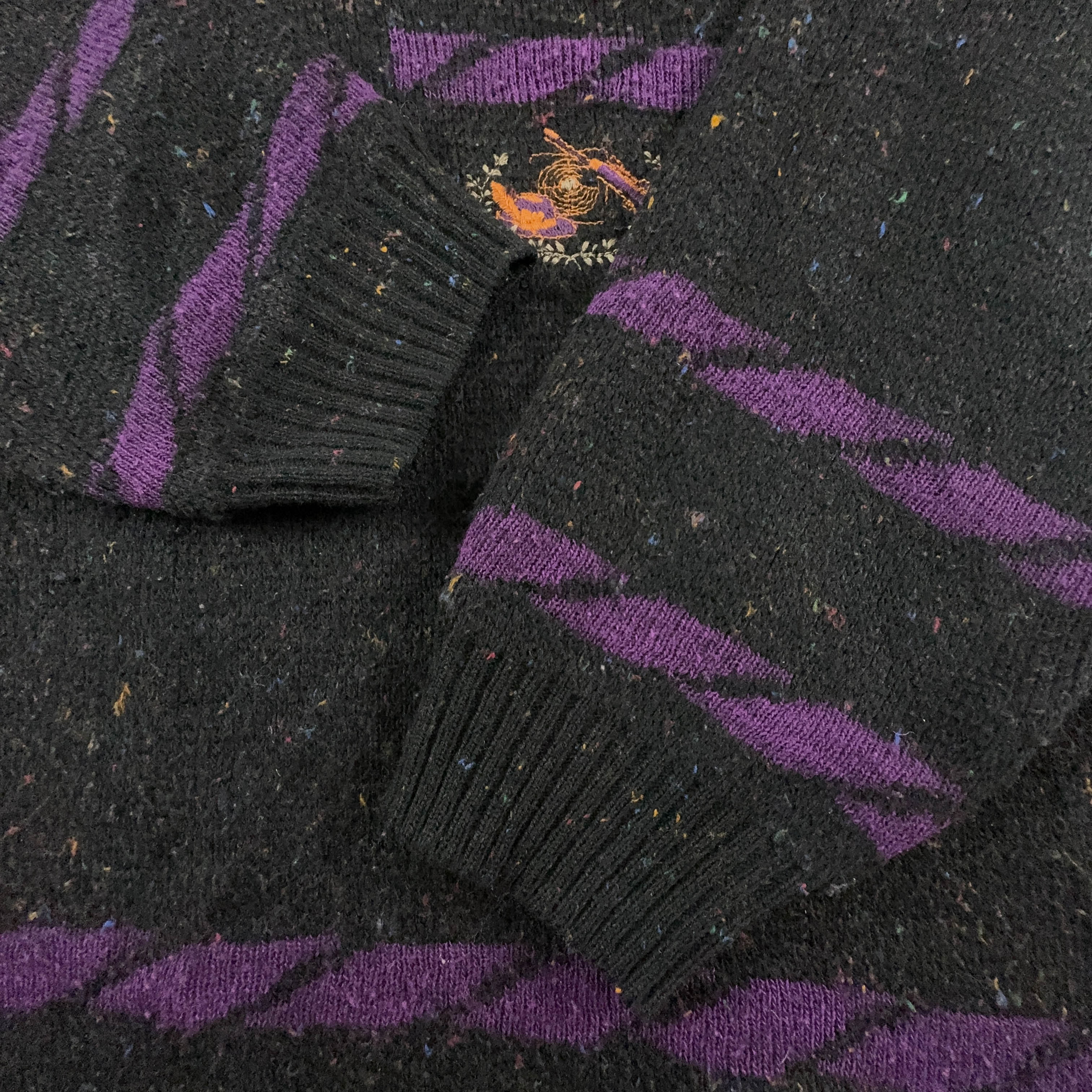 Maglione Vintage grigio scuro e viola a collo alto con bottoni e ricamo - Taglia L/XL uomo