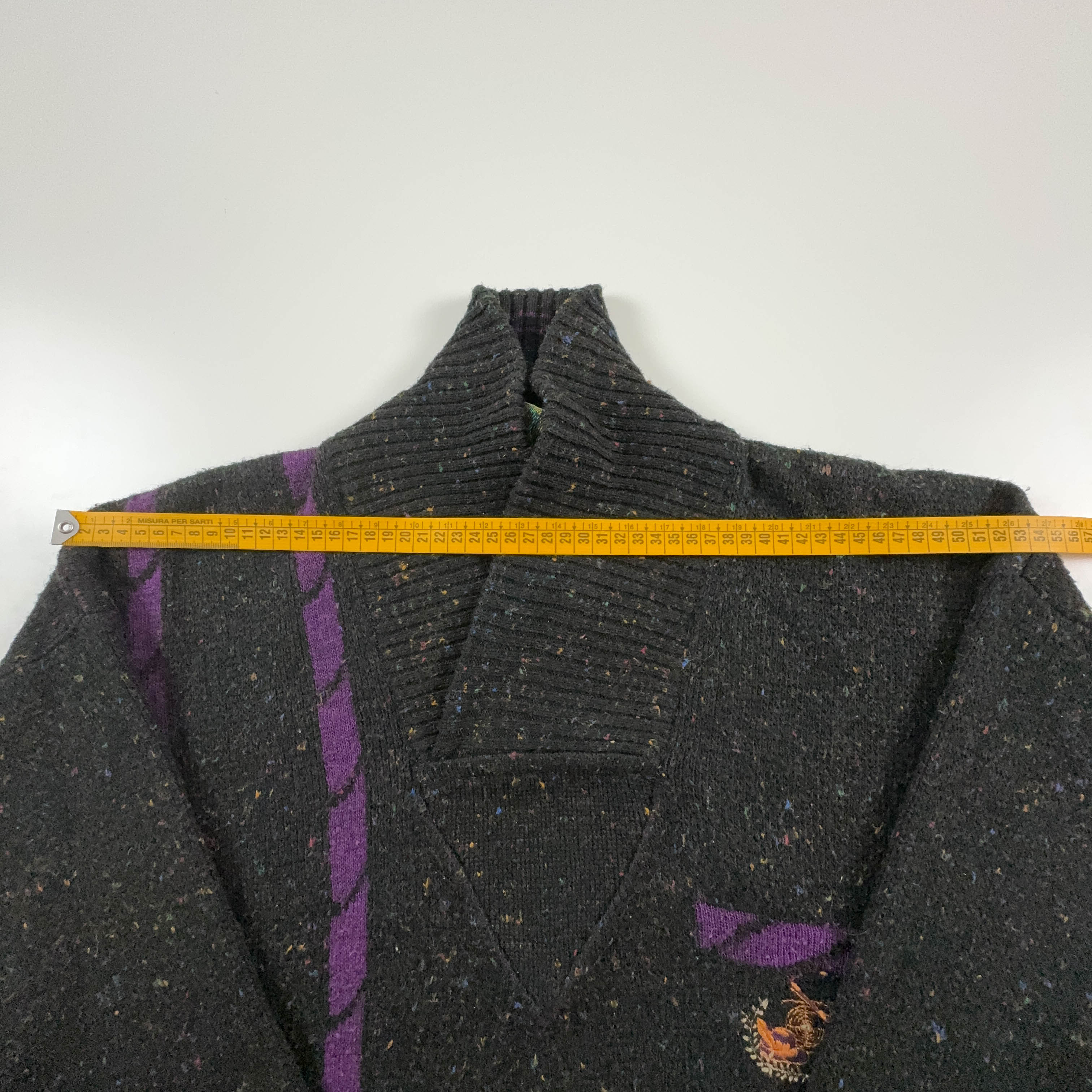 Maglione Vintage grigio scuro e viola a collo alto con bottoni e ricamo - Taglia L/XL uomo