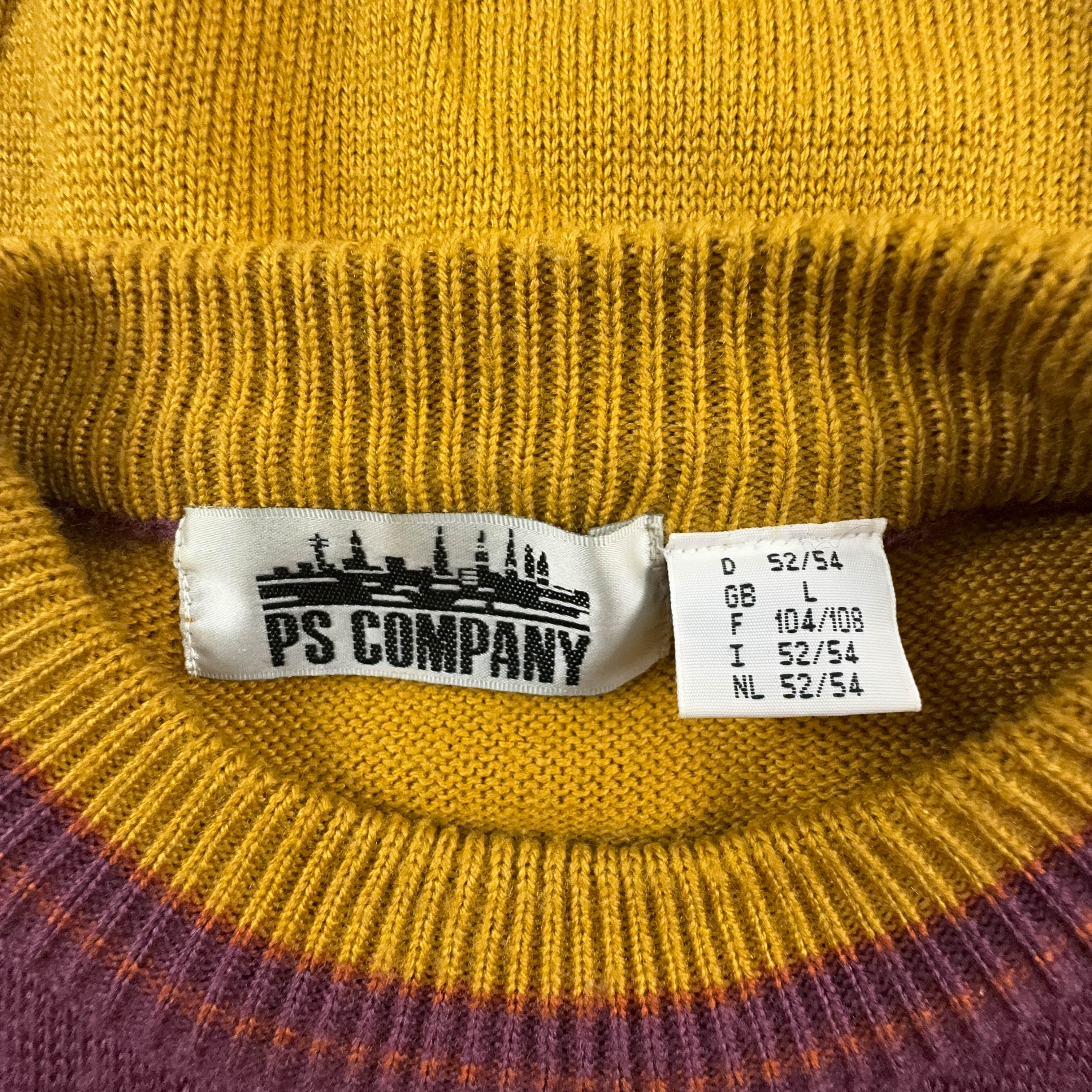 Maglione Vintage 15% lana a girocollo giallo e viola a fantasia - Taglia 52 54 L uomo