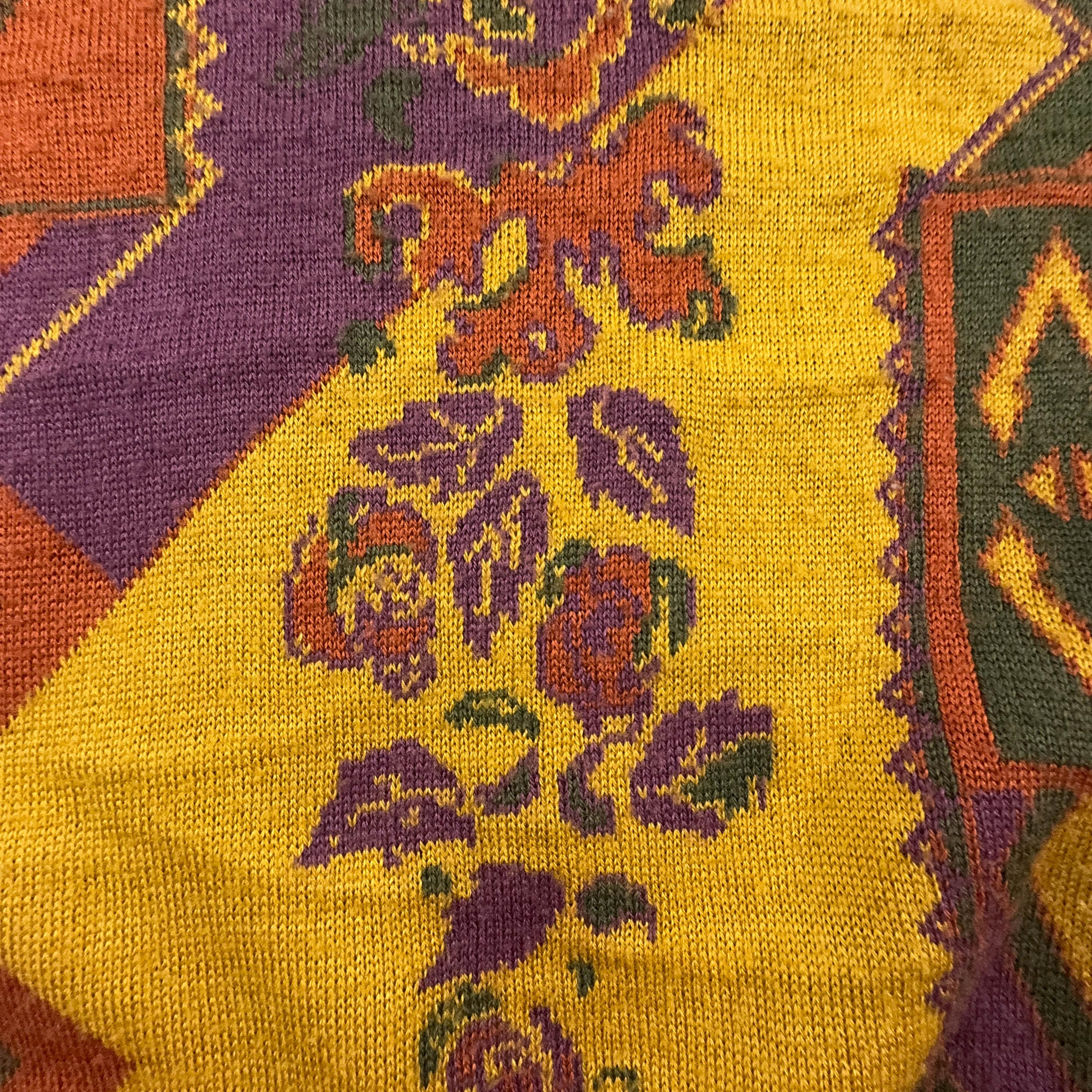 Maglione Vintage 15% lana a girocollo giallo e viola a fantasia - Taglia 52 54 L uomo