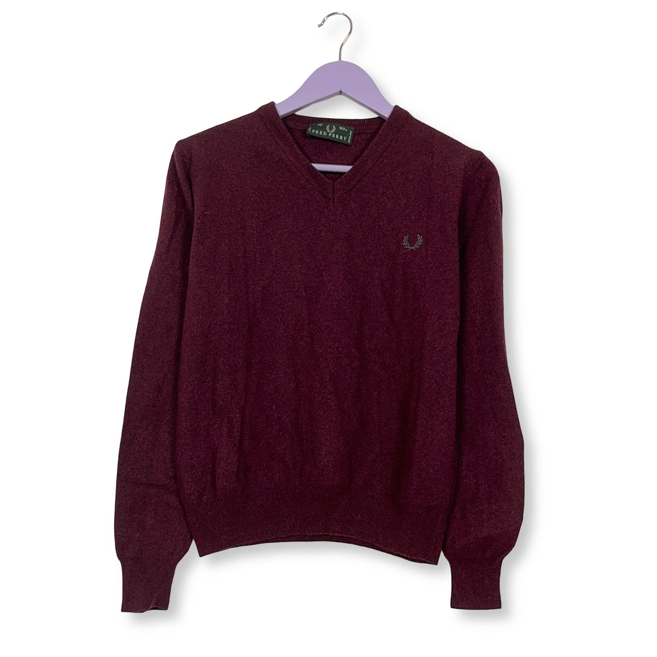 Maglione Fred Perry bordeaux scollo a V logo ricamato 100% lana - Taglia S uomo