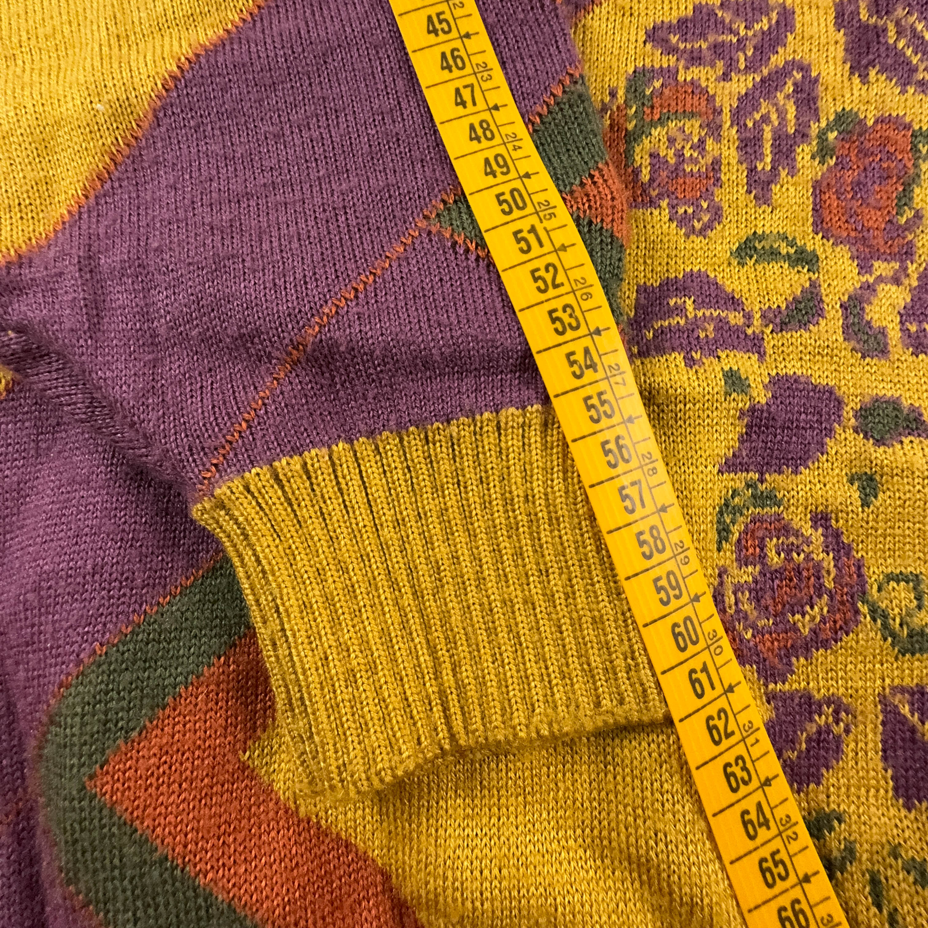 Maglione Vintage 15% lana a girocollo giallo e viola a fantasia - Taglia 52 54 L uomo
