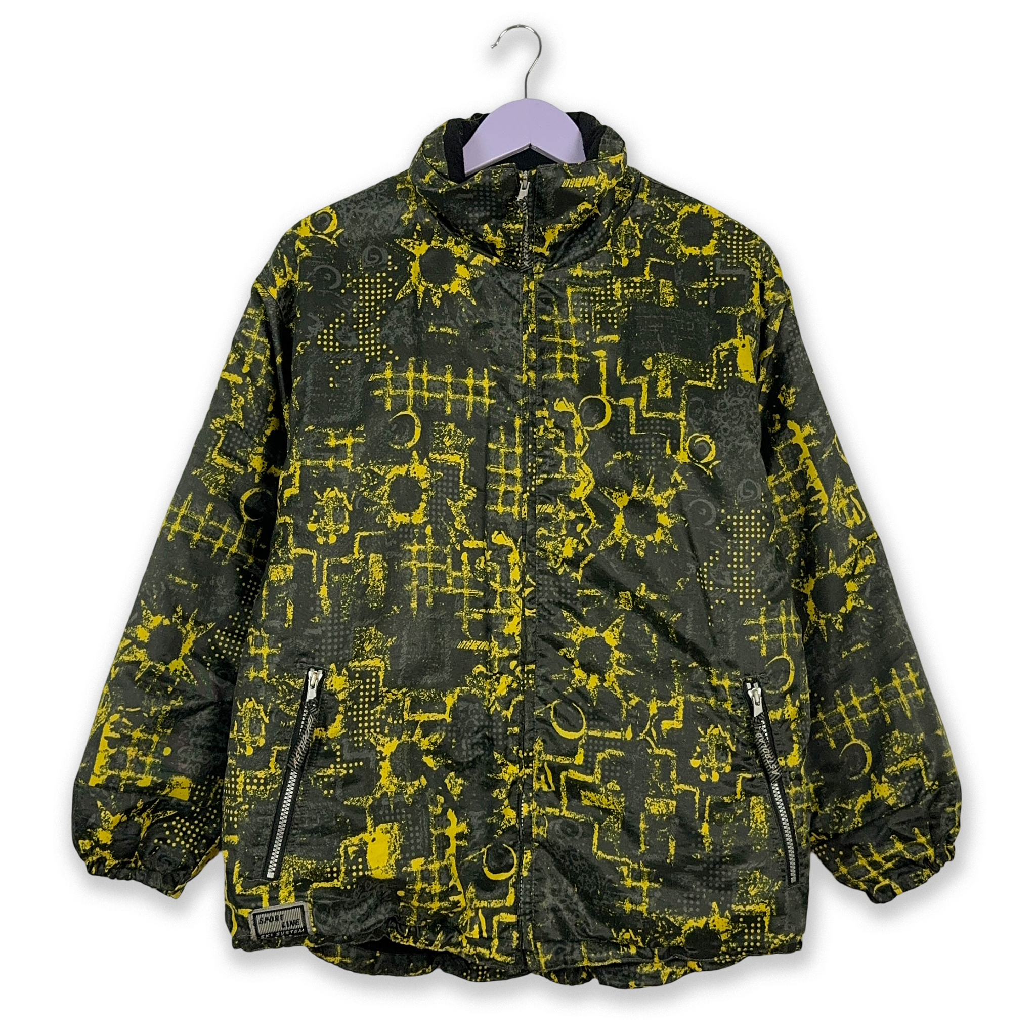 Giacca da Sci/Snowboard Vintage nera e gialla a fantasia con zip - Taglia 44 uomo