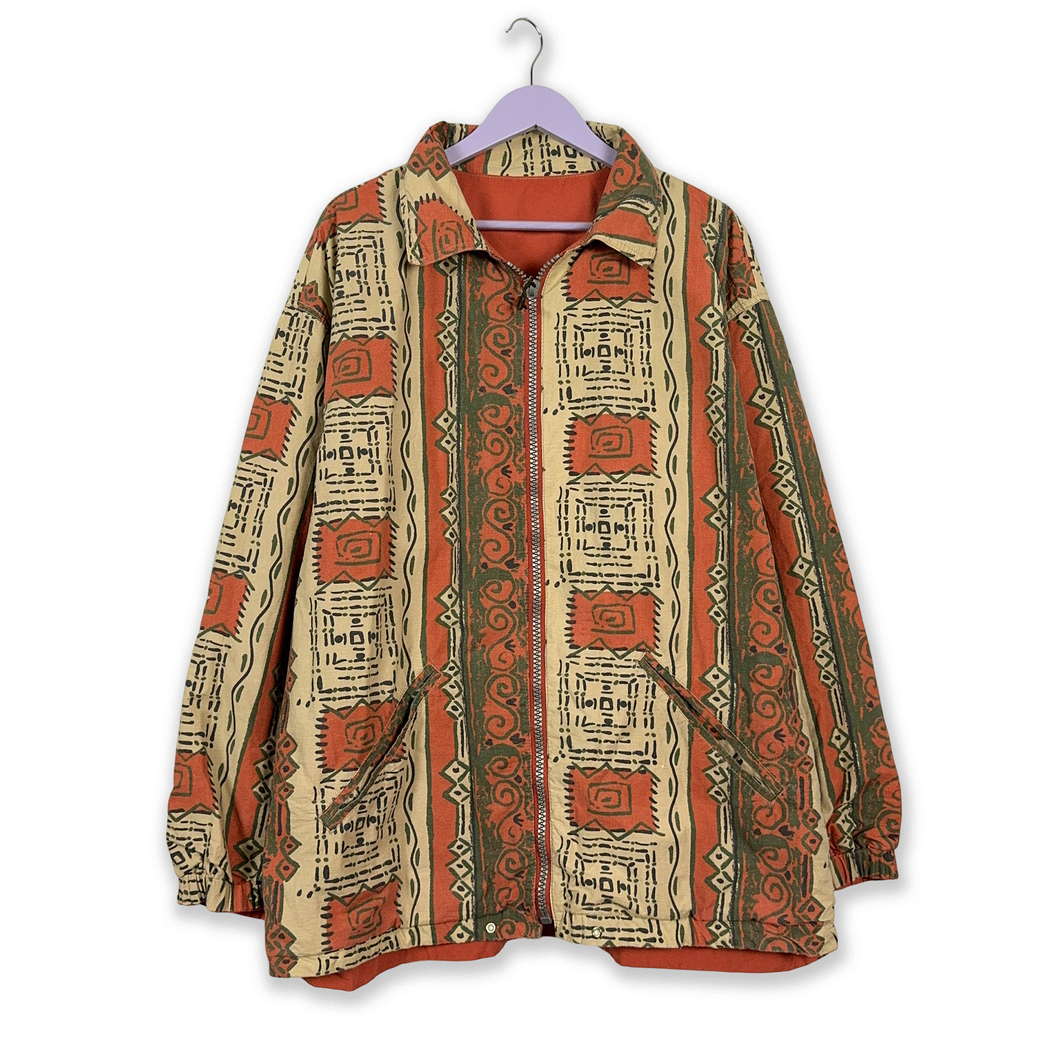 Giacca Vintage Double Face a fantasia azteca arancione e beige - Taglia XXL uomo