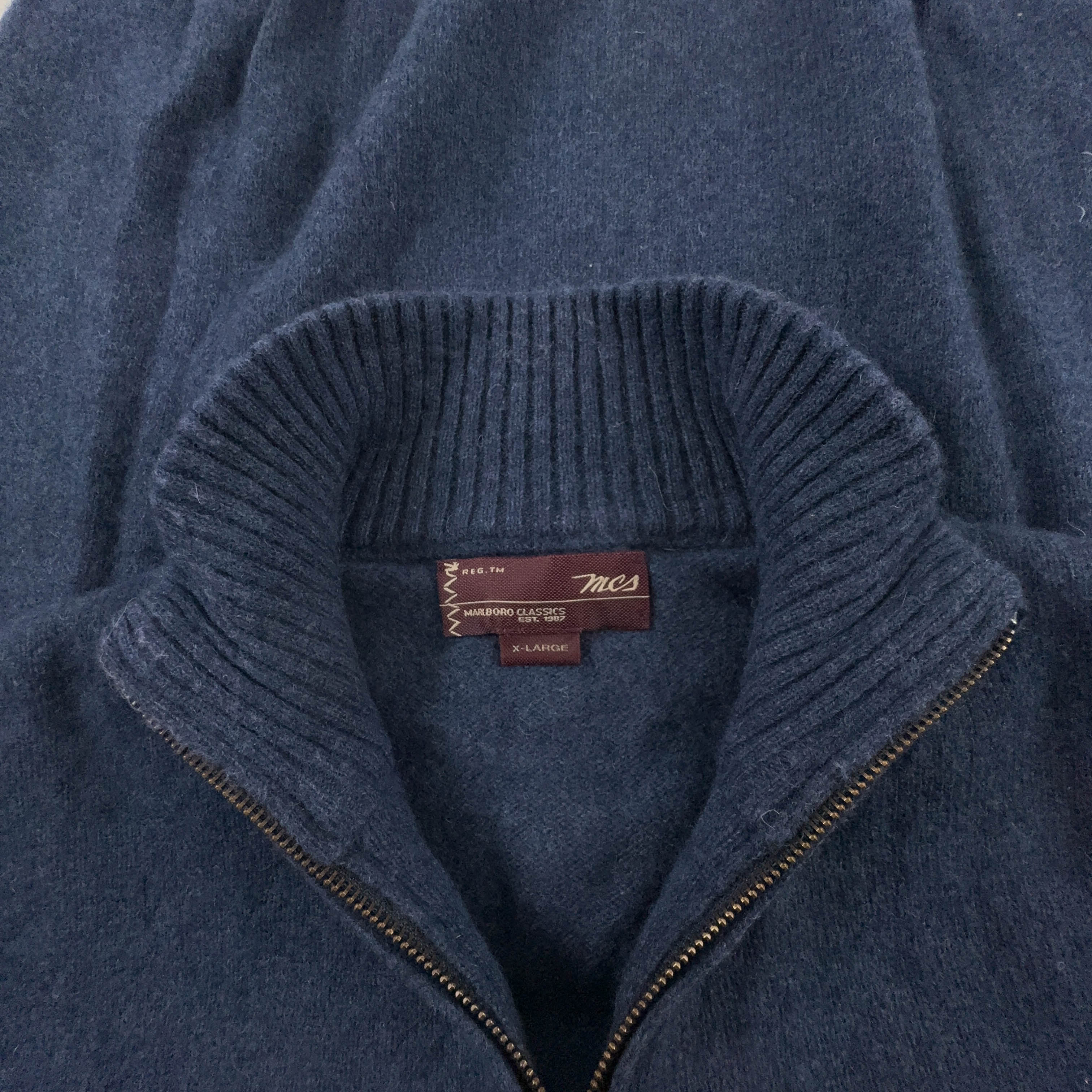 Maglione Vintage Marlboro Classics blu scuro con zip 80% lana - Taglia L/XL uomo
