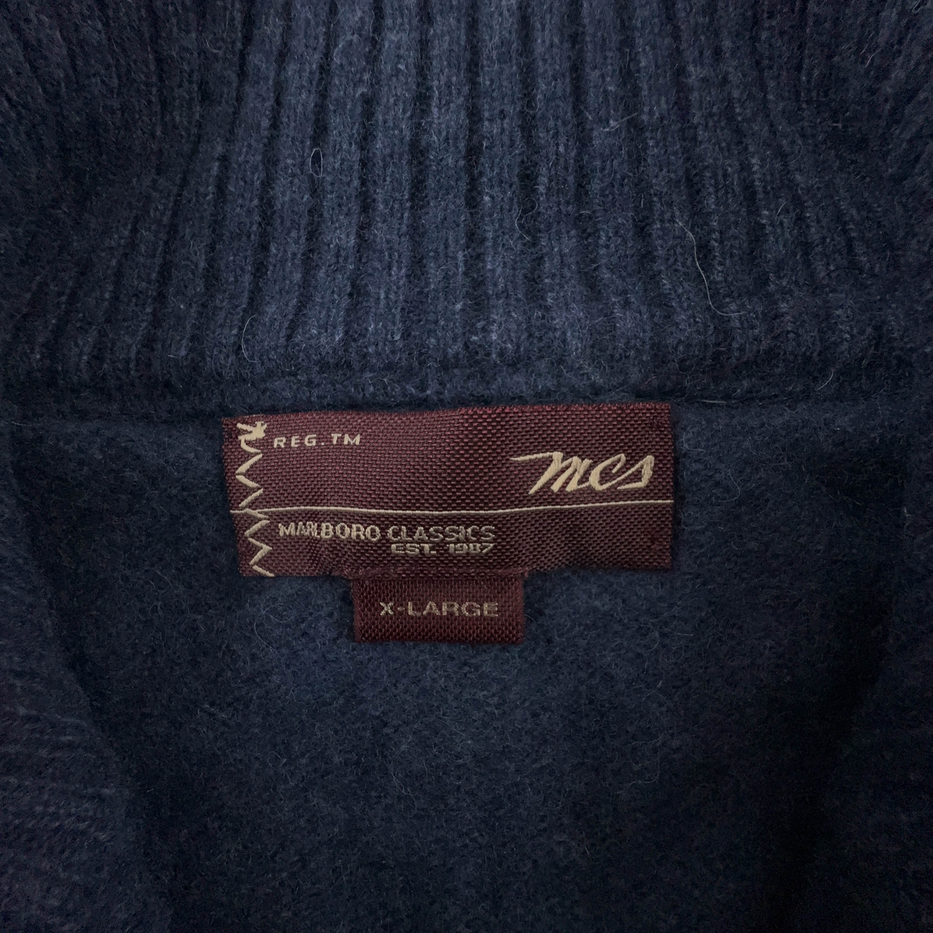 Maglione Vintage Marlboro Classics blu scuro con zip 80% lana - Taglia L/XL uomo