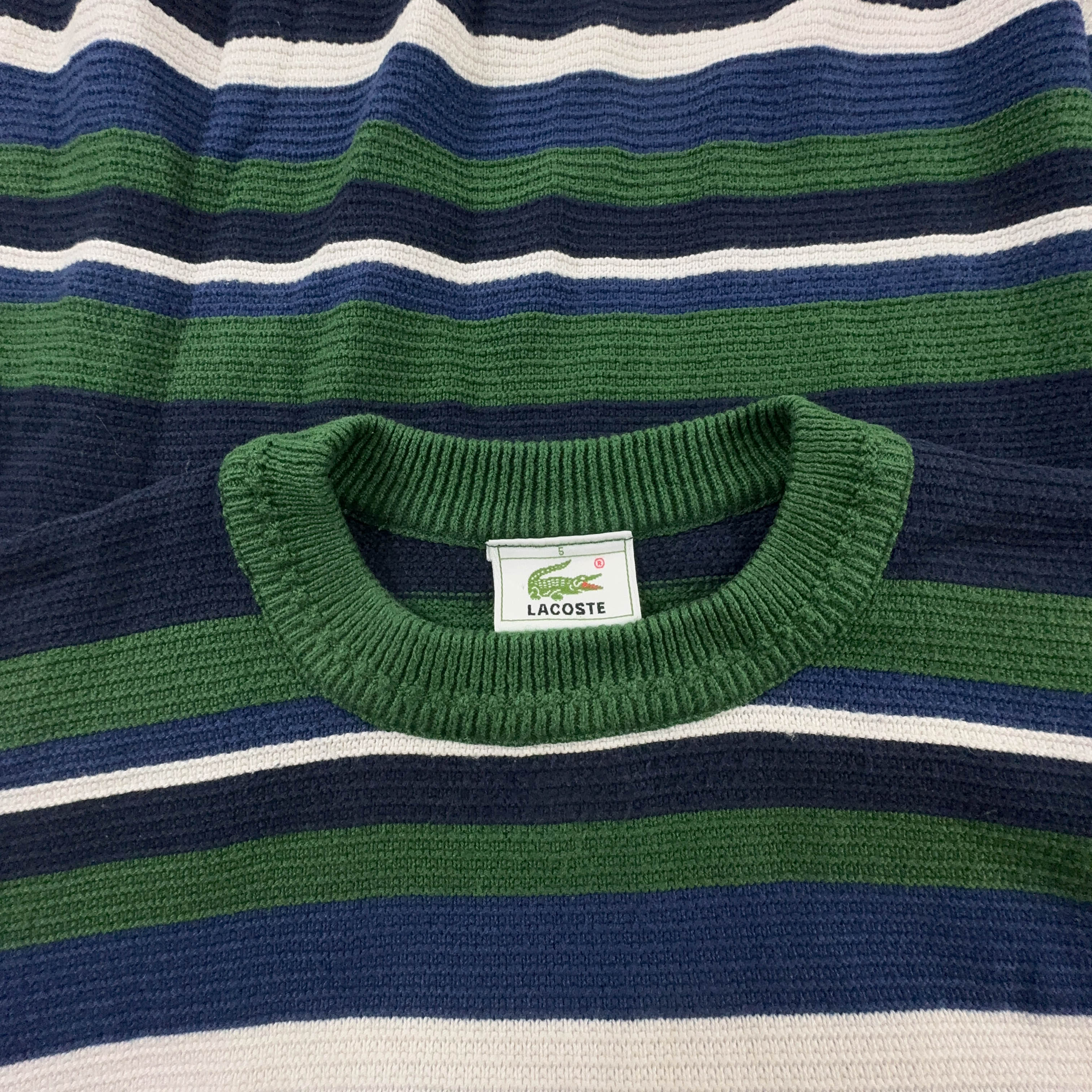 Maglione Lacoste verde blu e bianco a righe a girocollo in cotone - Taglia 5 uomo