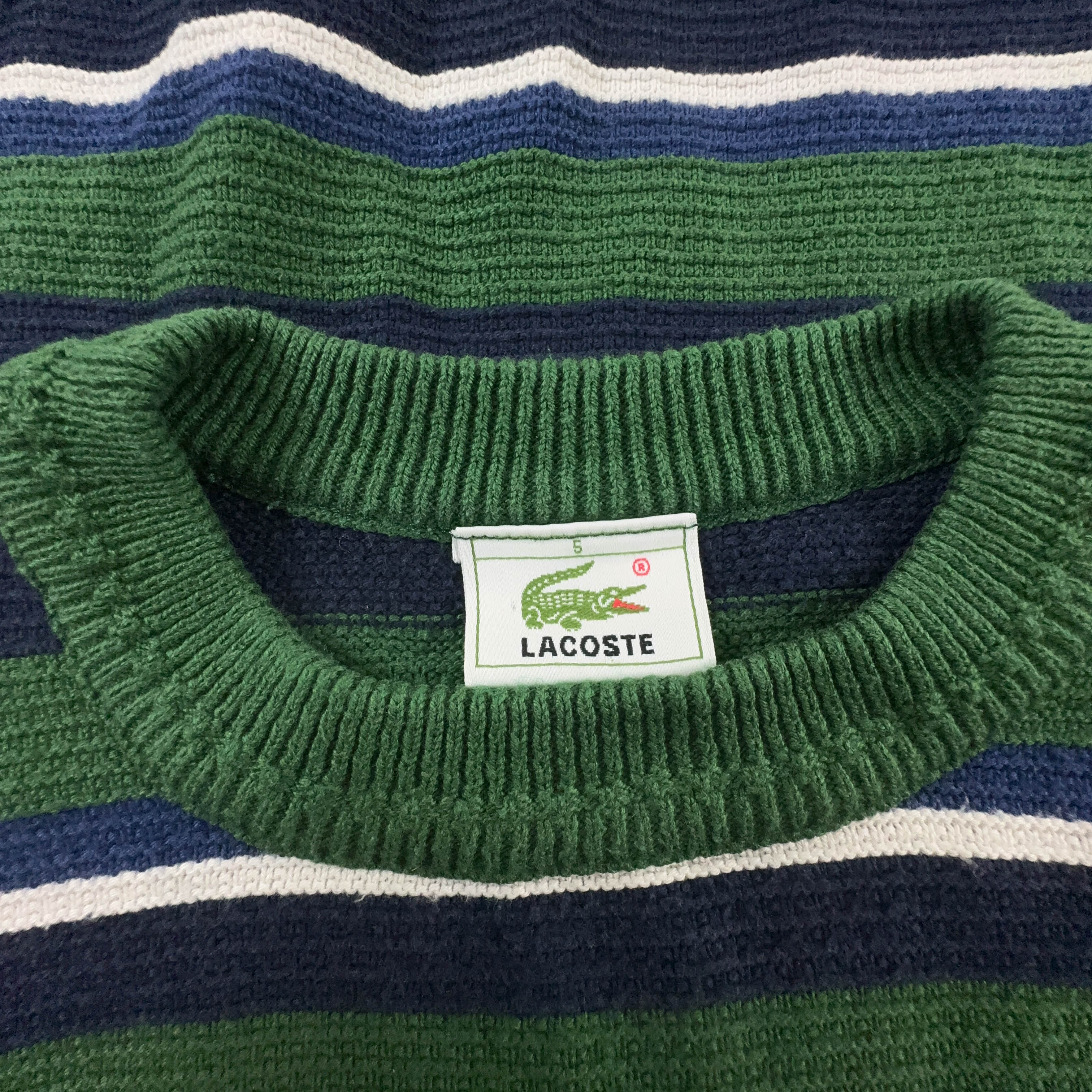 Maglione Lacoste verde blu e bianco a righe a girocollo in cotone - Taglia 5 uomo