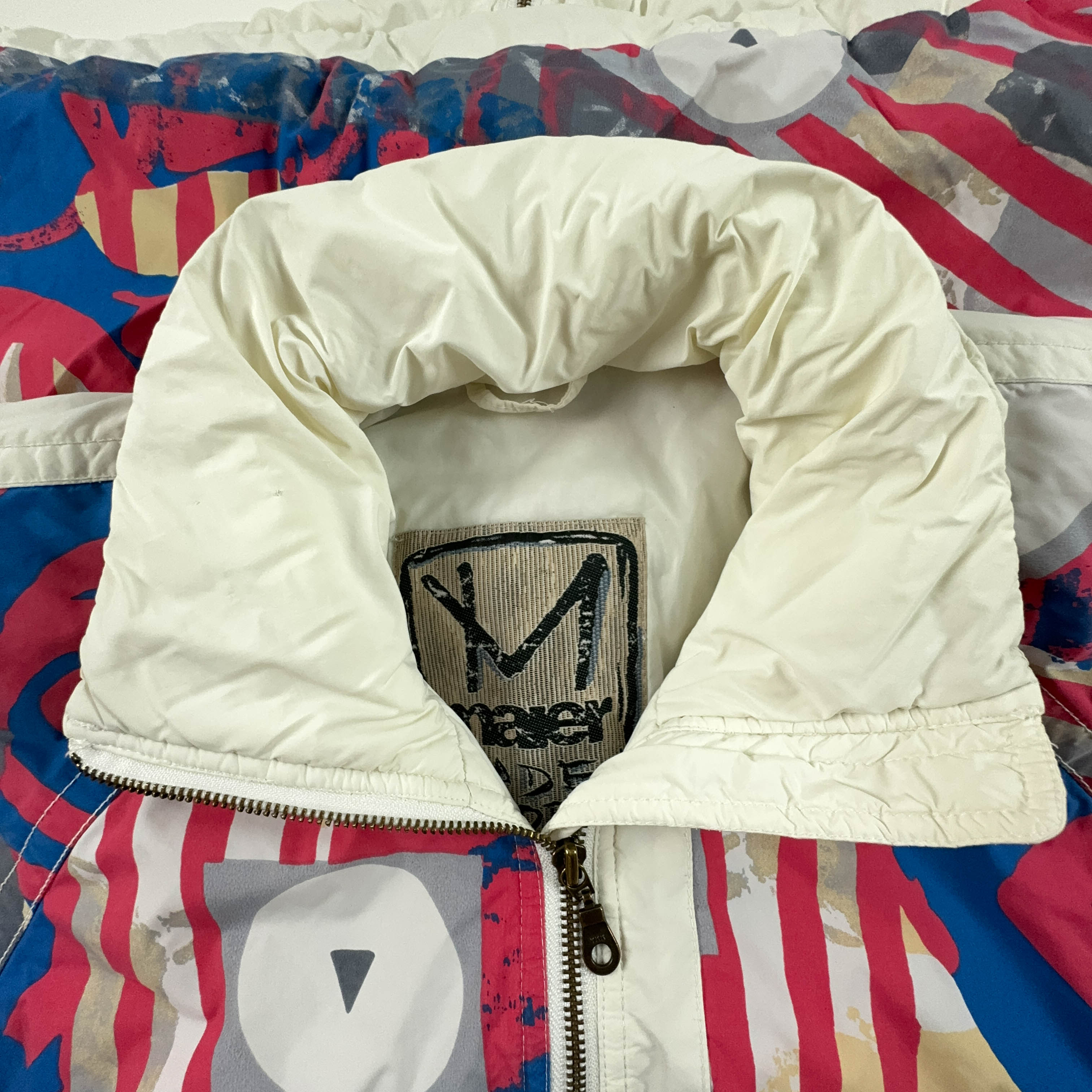 Giacca da Sci/Snowboard Vintage bianca a fantasia con zip e bottoni - Taglia M/L uomo