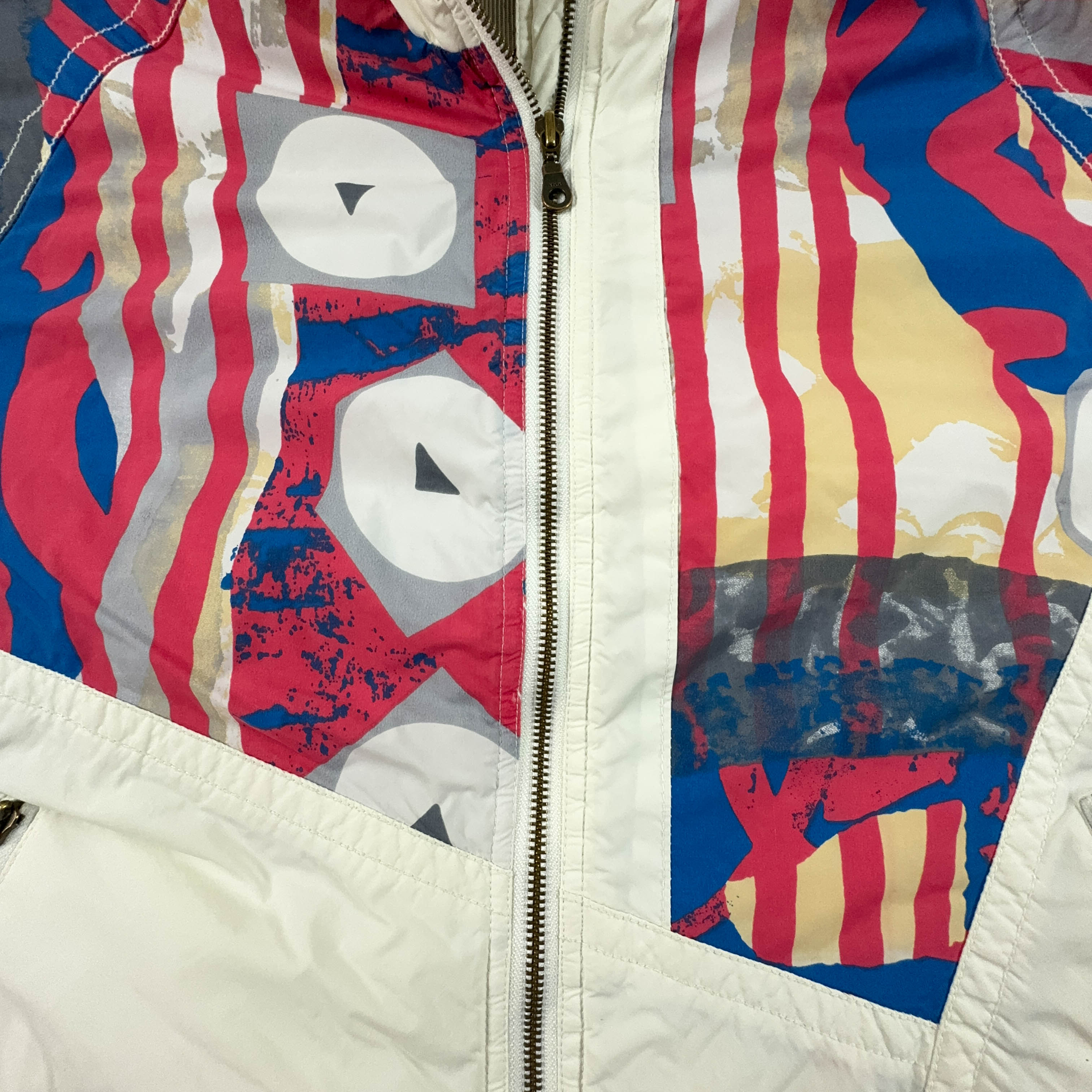 Giacca da Sci/Snowboard Vintage bianca a fantasia con zip e bottoni - Taglia M/L uomo