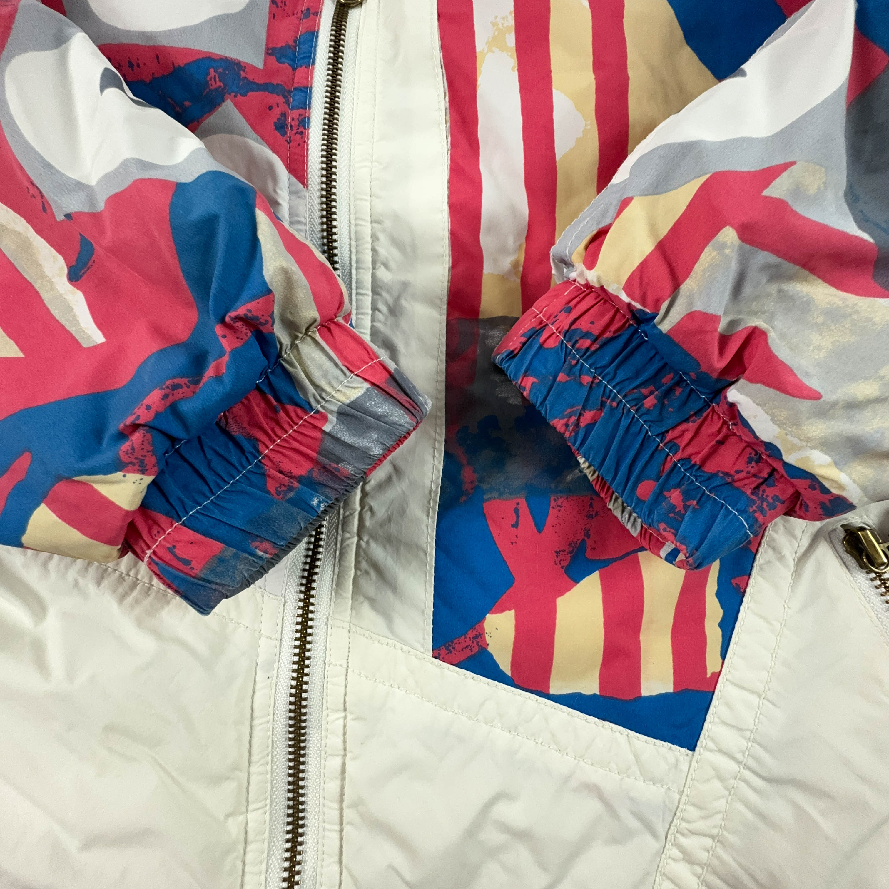 Giacca da Sci/Snowboard Vintage bianca a fantasia con zip e bottoni - Taglia M/L uomo