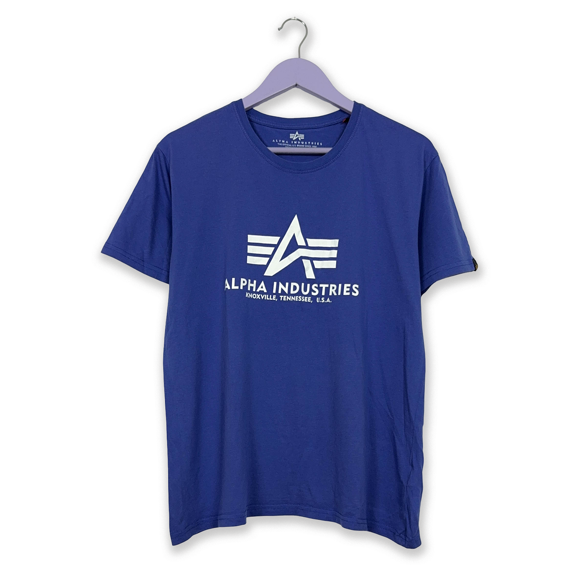 Alpha Industries Blue Crew Neck T-Shirt with Printed Logo - Men's Size L