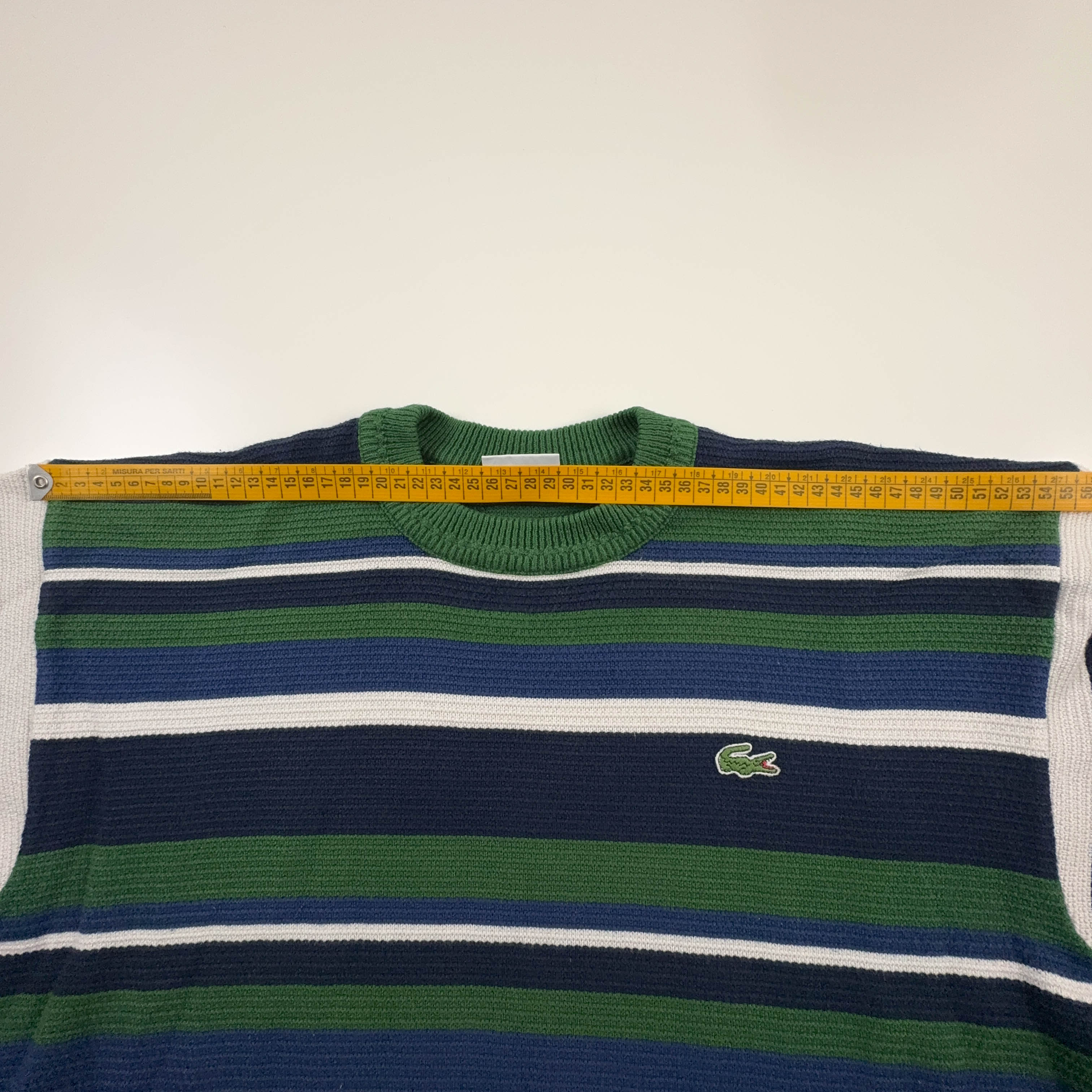 Maglione Lacoste verde blu e bianco a righe a girocollo in cotone - Taglia 5 uomo