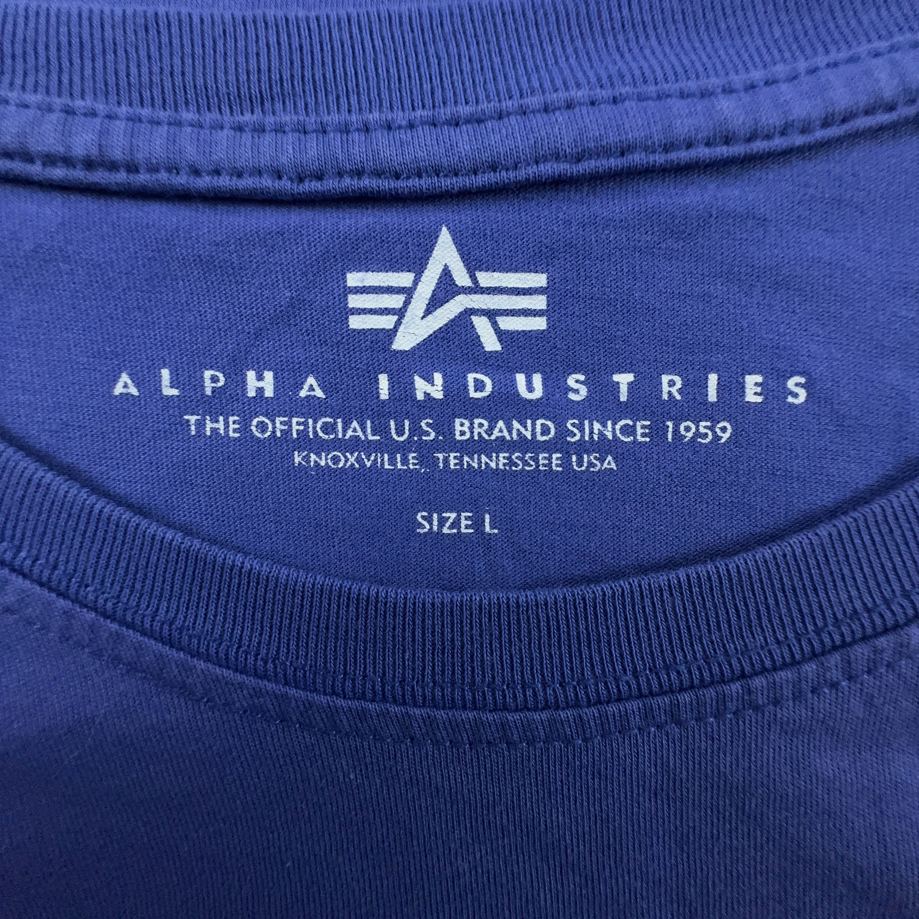 Alpha Industries Blue Crew Neck T-Shirt with Printed Logo - Men's Size L