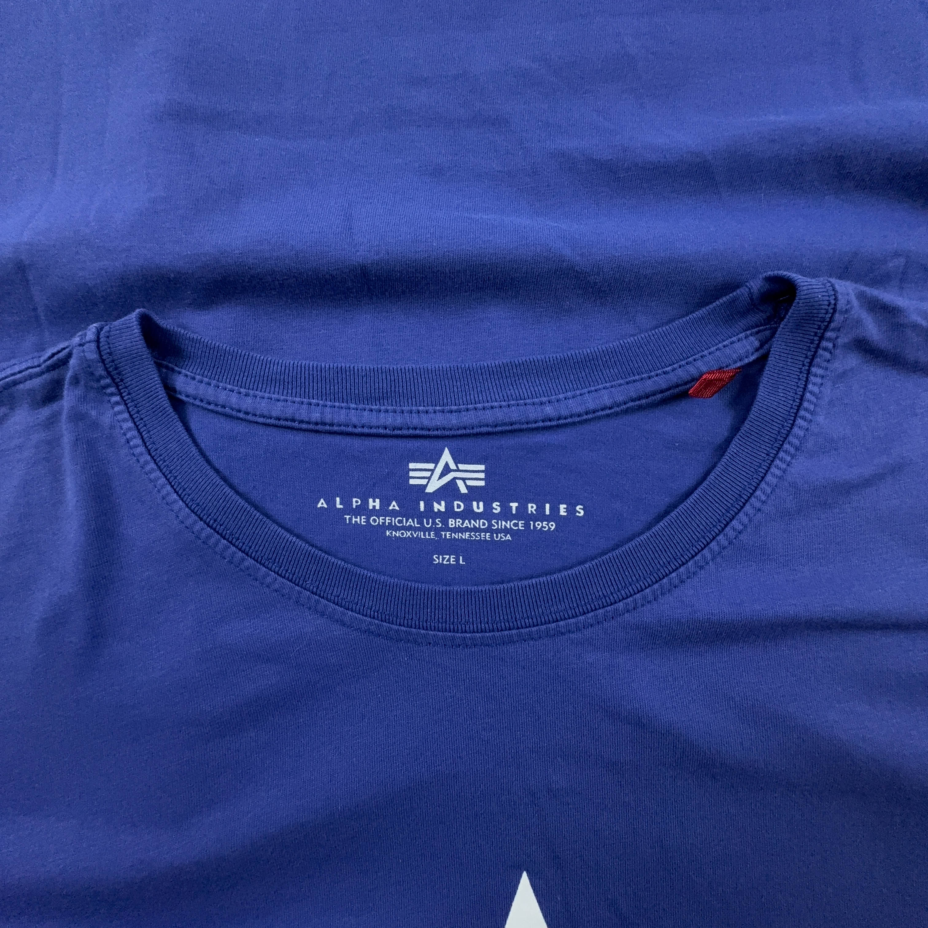 Alpha Industries Blue Crew Neck T-Shirt with Printed Logo - Men's Size L