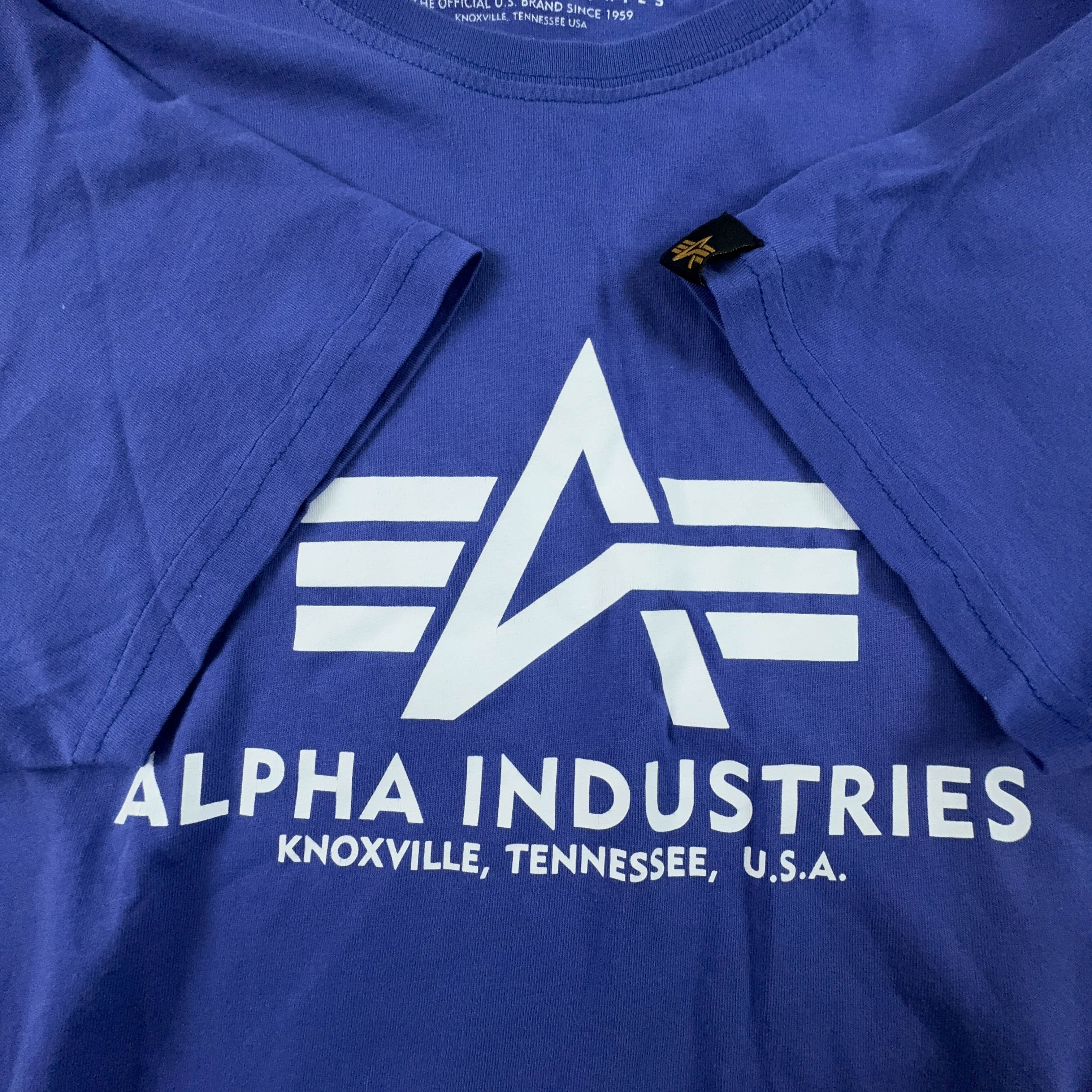 Alpha Industries Blue Crew Neck T-Shirt with Printed Logo - Men's Size L