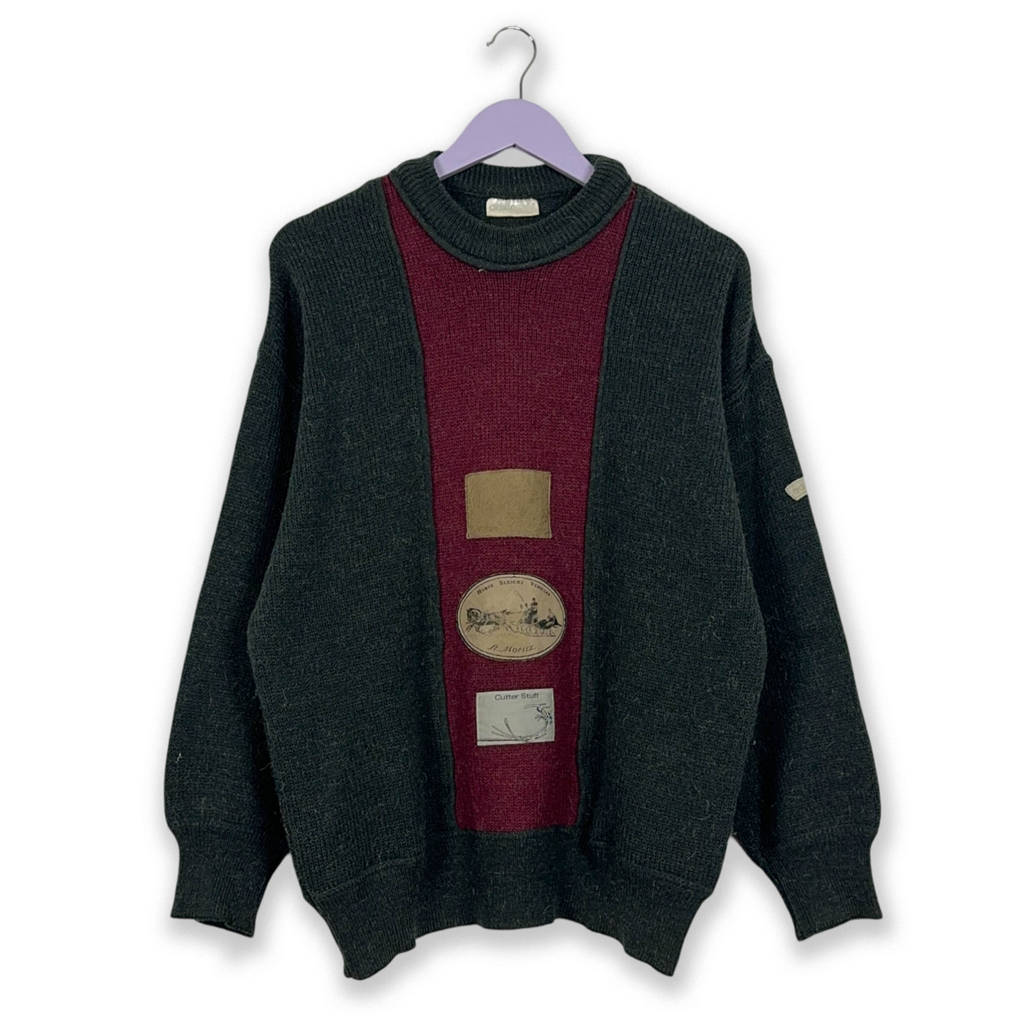 Adidas Vintage 50% Wool & Alpaca Grey & Red Patchwork 90s Sweater - Size 50 Men