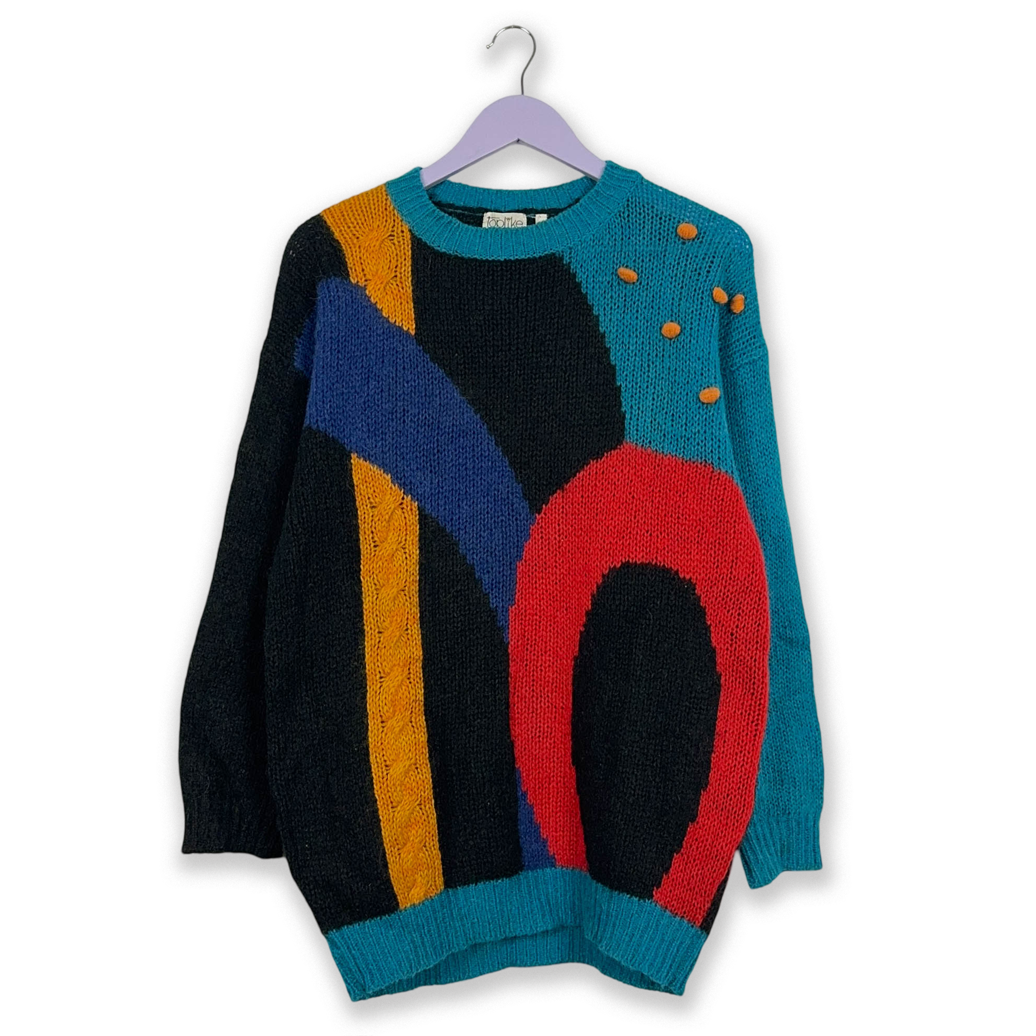 Vintage 70% wool black and light blue geometric crew neck sweater - Size 36 women