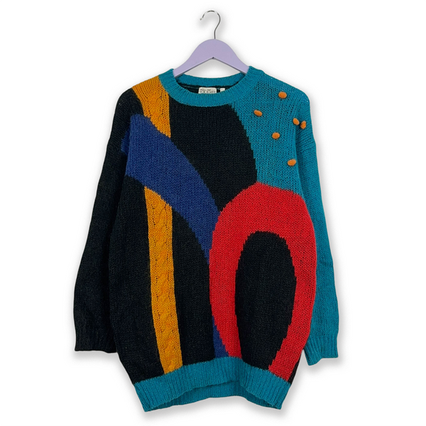 Vintage 70% wool black and light blue geometric crew neck sweater - Size 36 women