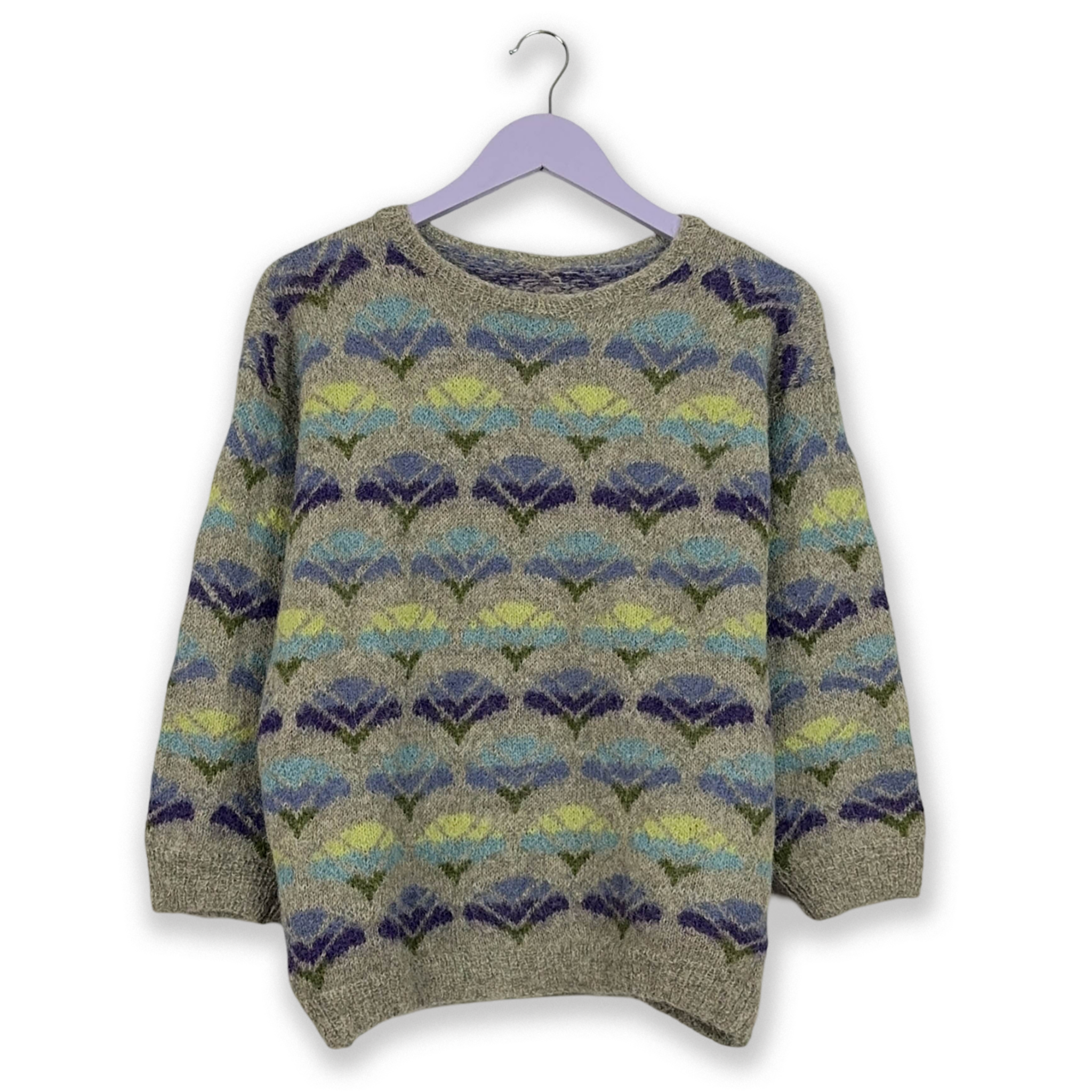 Vintage Grey and Blue Patterned Crew Neck Sweater 100% Wool - Size M/L Women