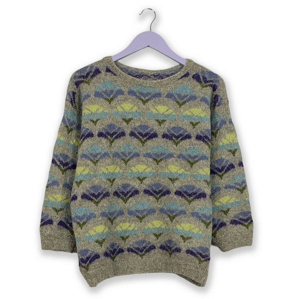 Vintage Grey and Blue Patterned Crew Neck Sweater 100% Wool - Size M/L Women